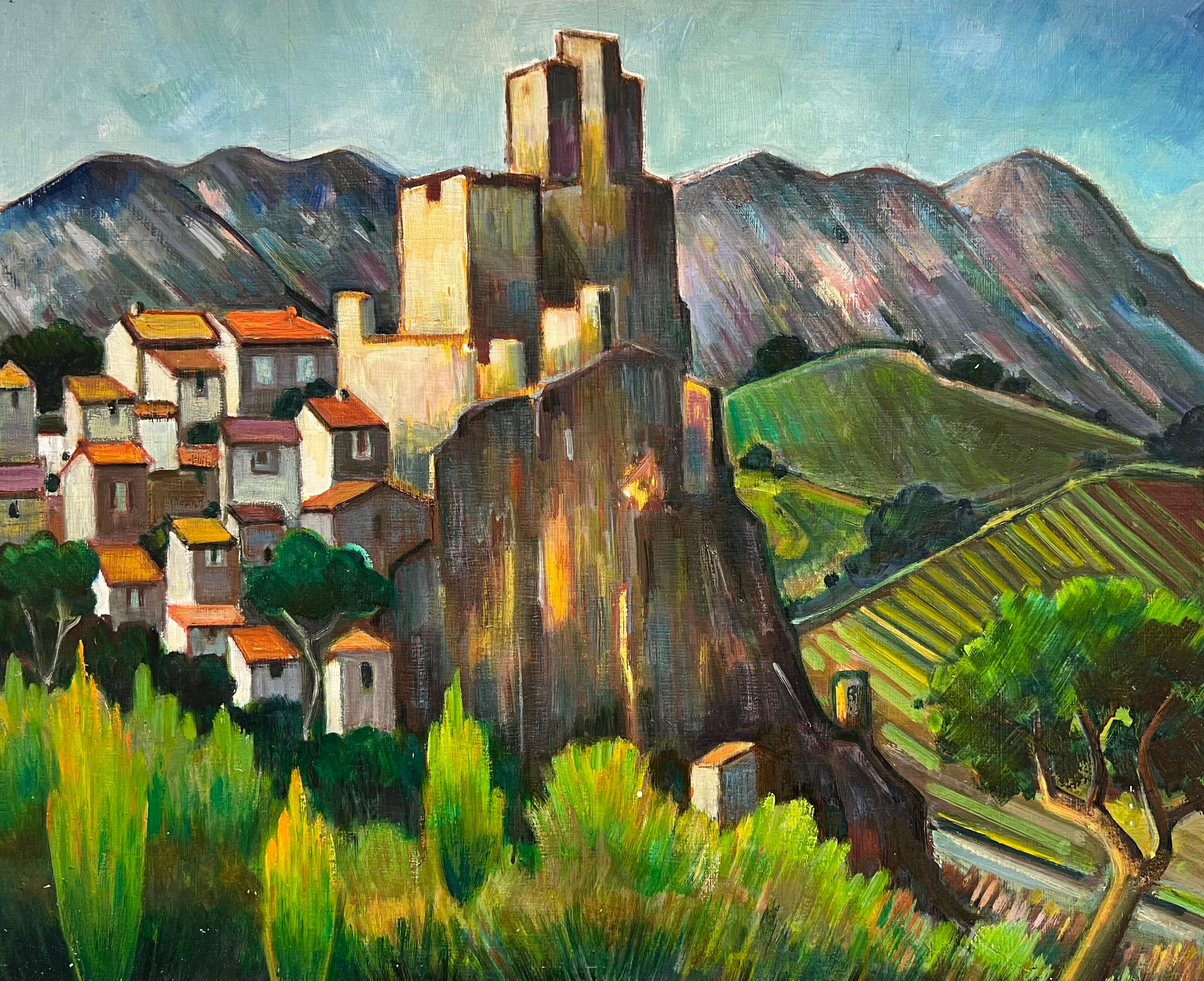 Max Toutain Landscape Painting - Vivid French Village with Castle and Vineyards 20th Century Oil Painting