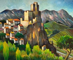 Vivo pueblo francés con castillo y viñedos Pintura al óleo del siglo XX
