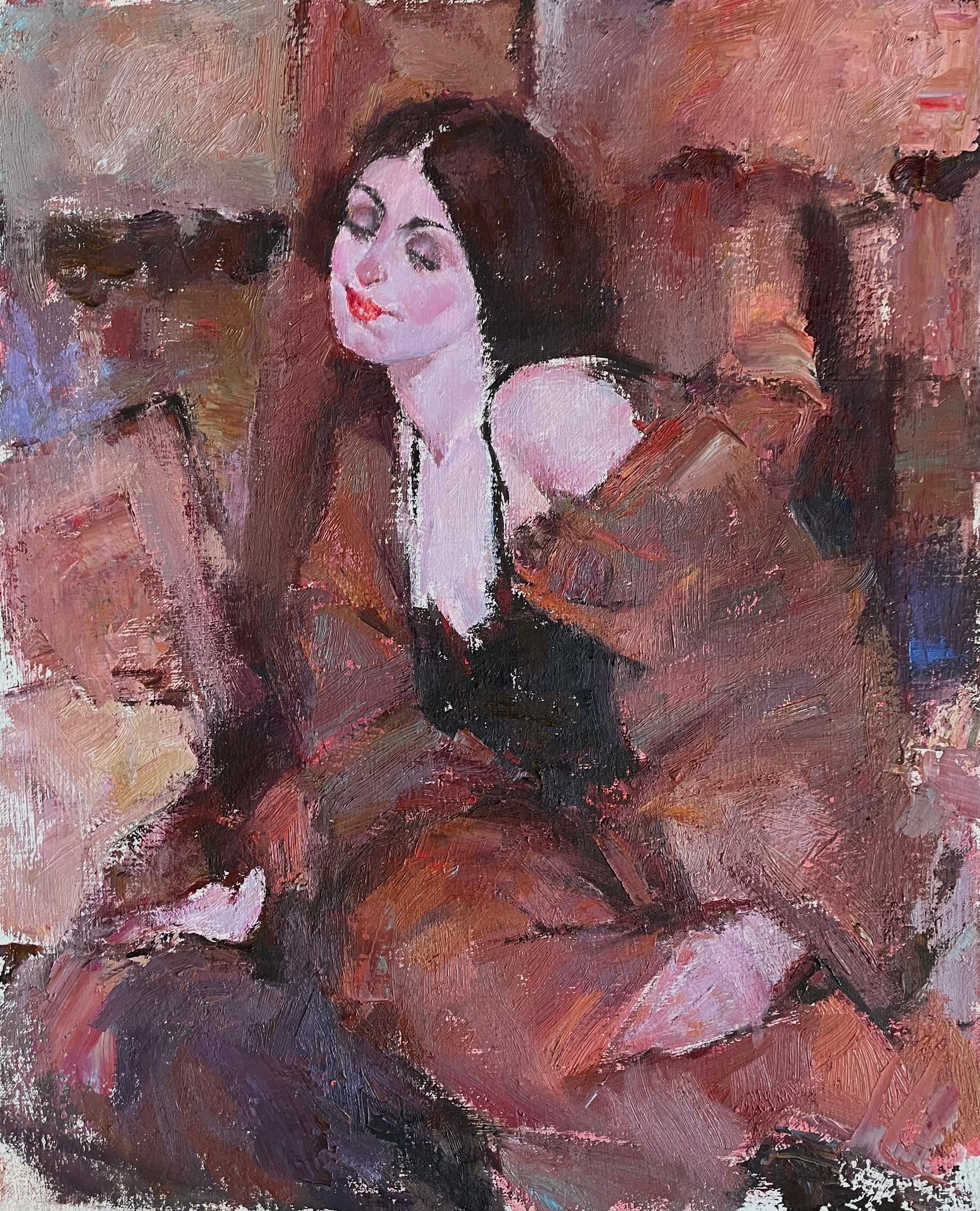 MAX TURNER Figurative Painting - LADY IN BLACK DRESS