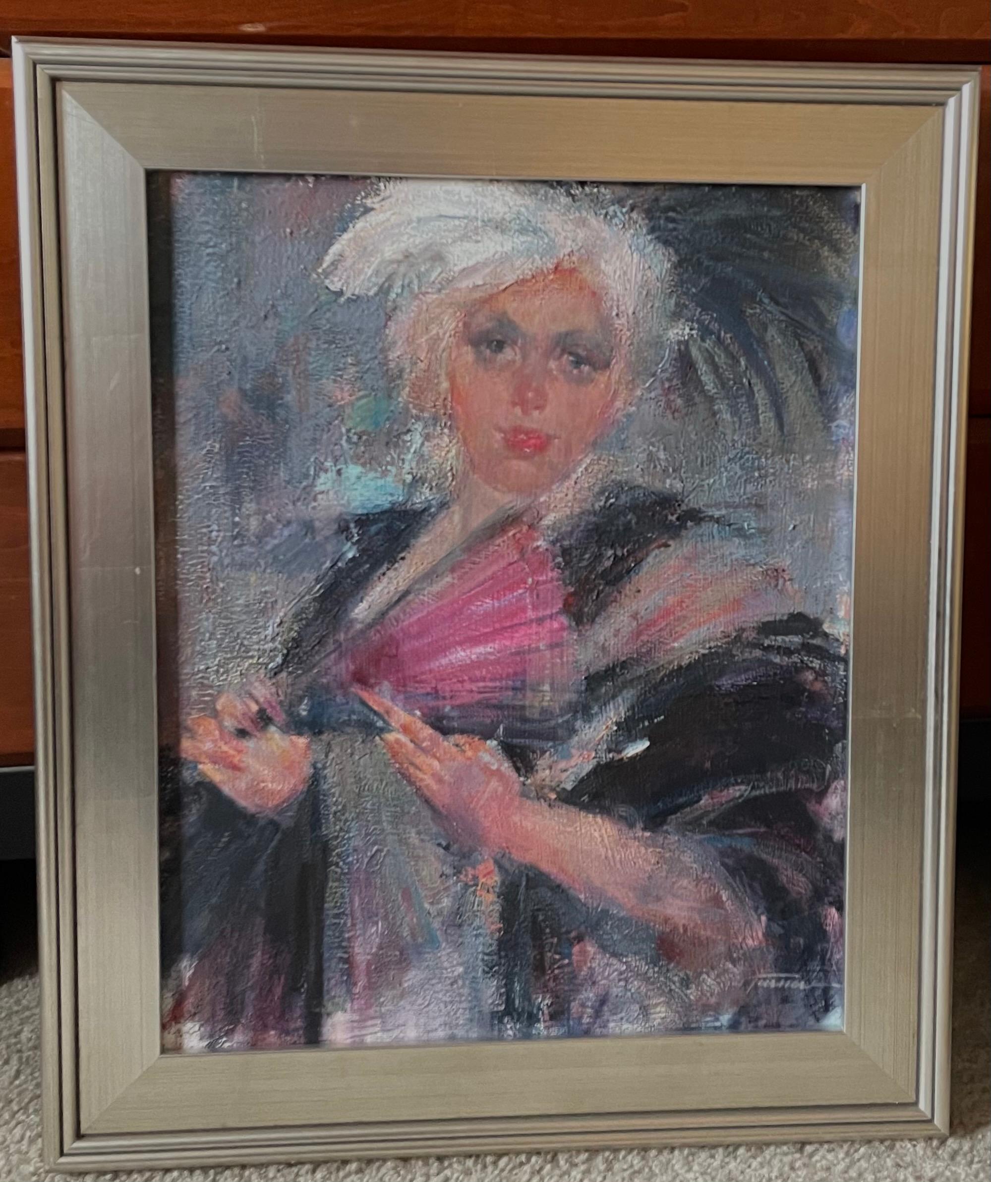 LADY WITH PICK FAN – Painting von MAX TURNER