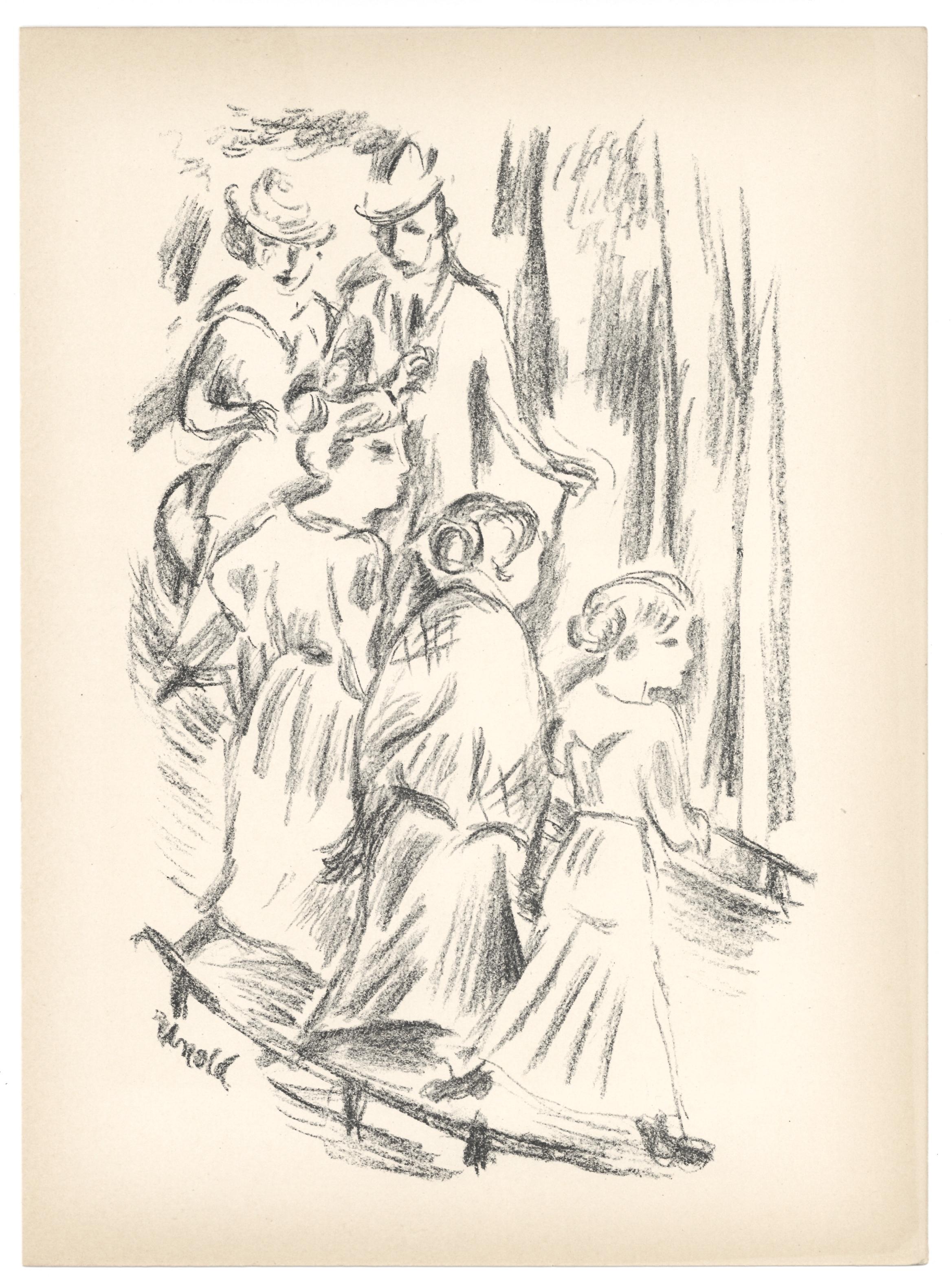 "The Street" original lithograph - Print by Max Unold