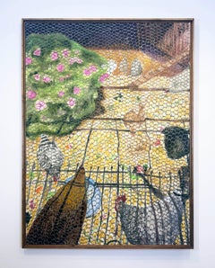 « Hibiscus & Hen (Gallinero) » de Francesca Reyes, peinture à l'huile sur toile, poules