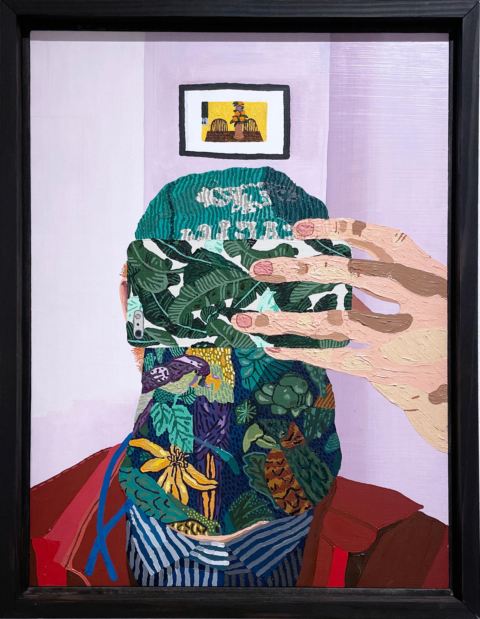 Behind Pretty Things (2022), oil on wood panel, portrait, patterns, faux naif