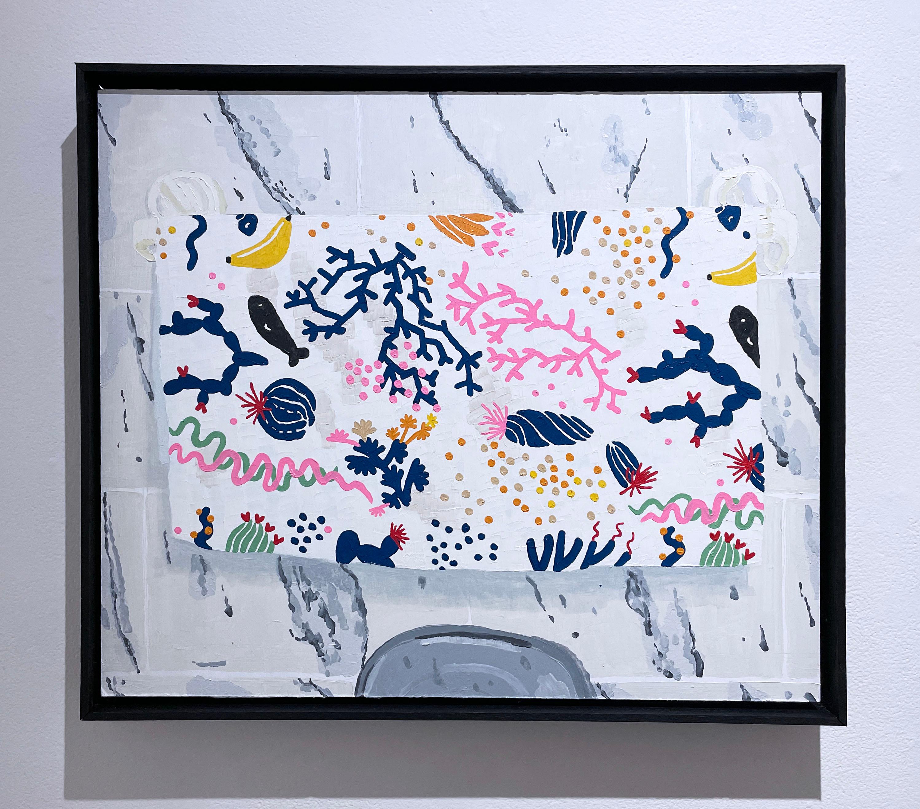 IKEA (2022), oil on wood panel, coral reef, banana, bright pattern, faux naif - Painting by Max Vesuvius Budnick