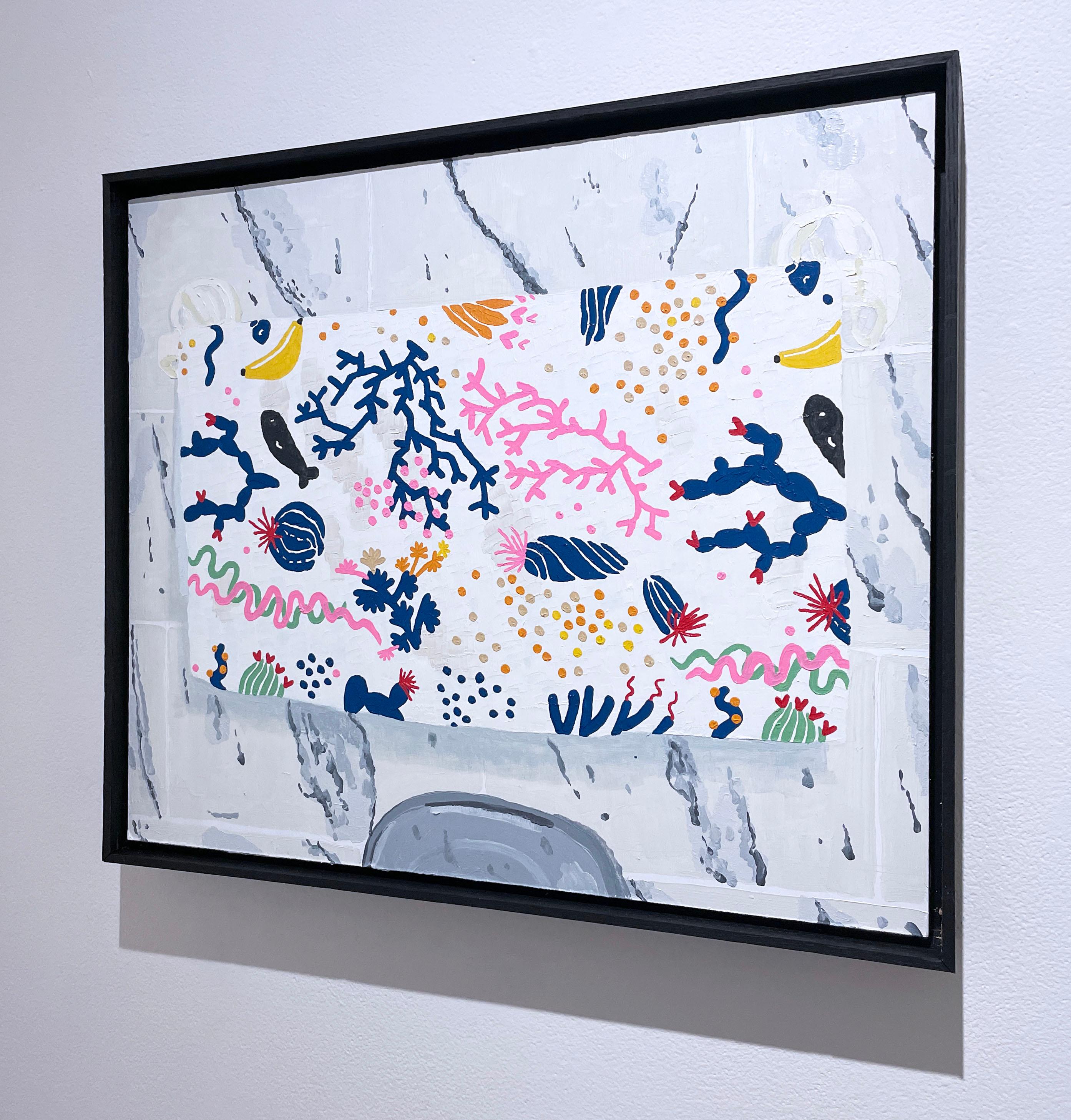 IKEA (2022), Öl auf Holzplatte, Korallenriff, Banane, helles Muster, naives Gemälde (Braun), Figurative Painting, von Max Vesuvius Budnick