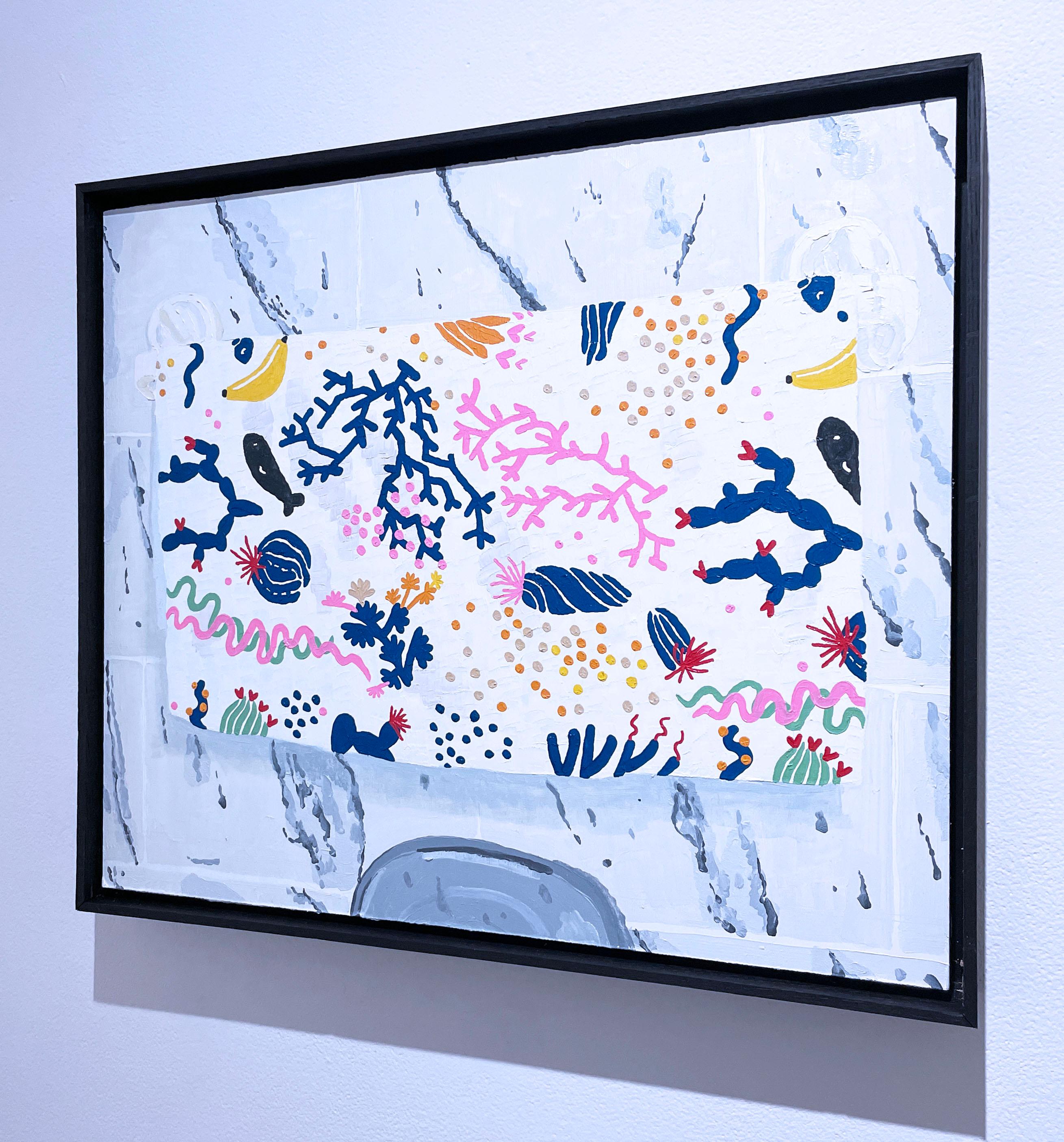 IKEA (2022), oil on wood panel, coral reef, banana, bright pattern, faux naif - Contemporary Painting by Max Vesuvius Budnick