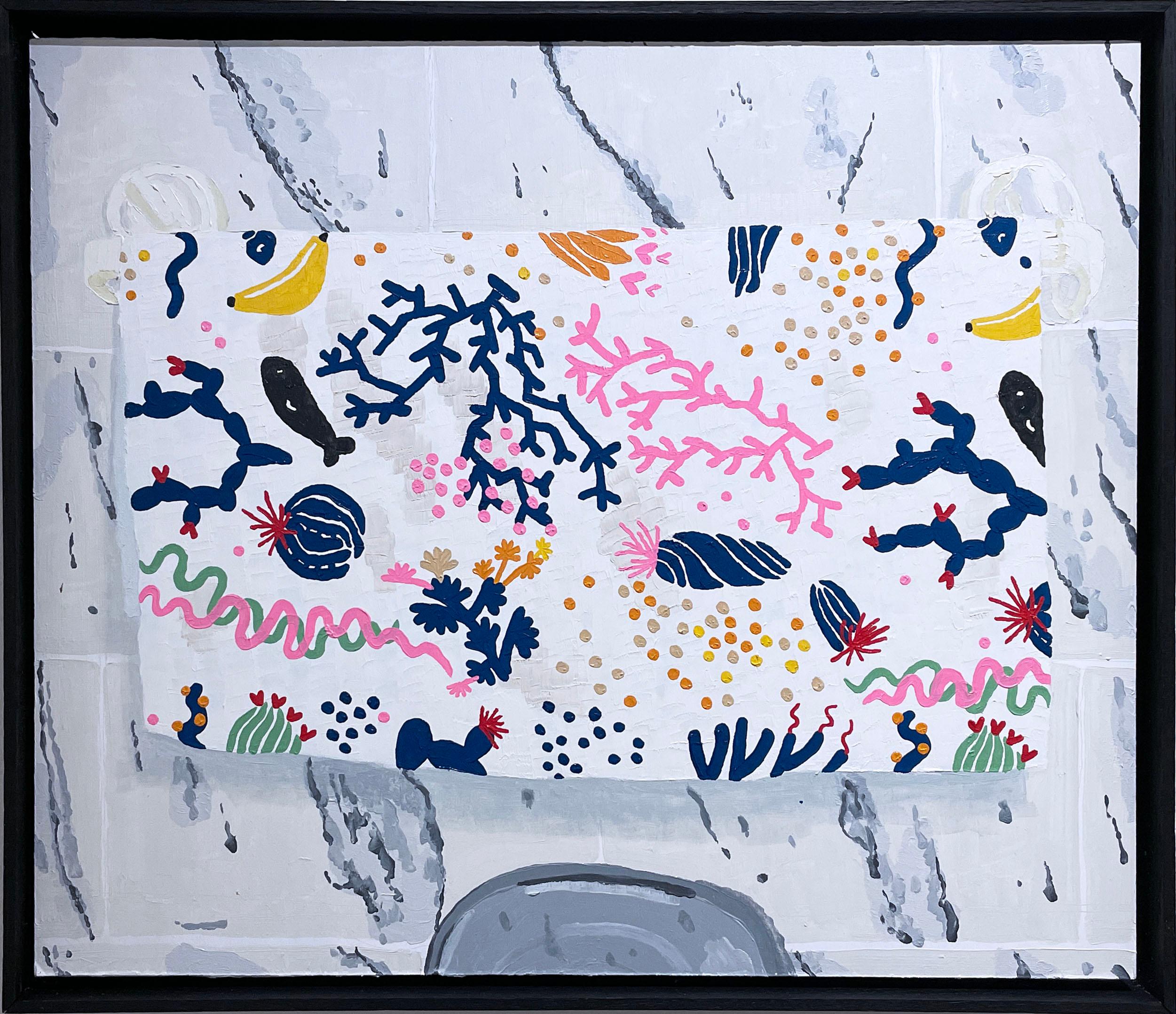 IKEA (2022), oil on wood panel, coral reef, banana, bright pattern, faux naif