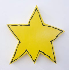 Star (2022), acrylic on wood painting, faux naif, bright yellow with outline