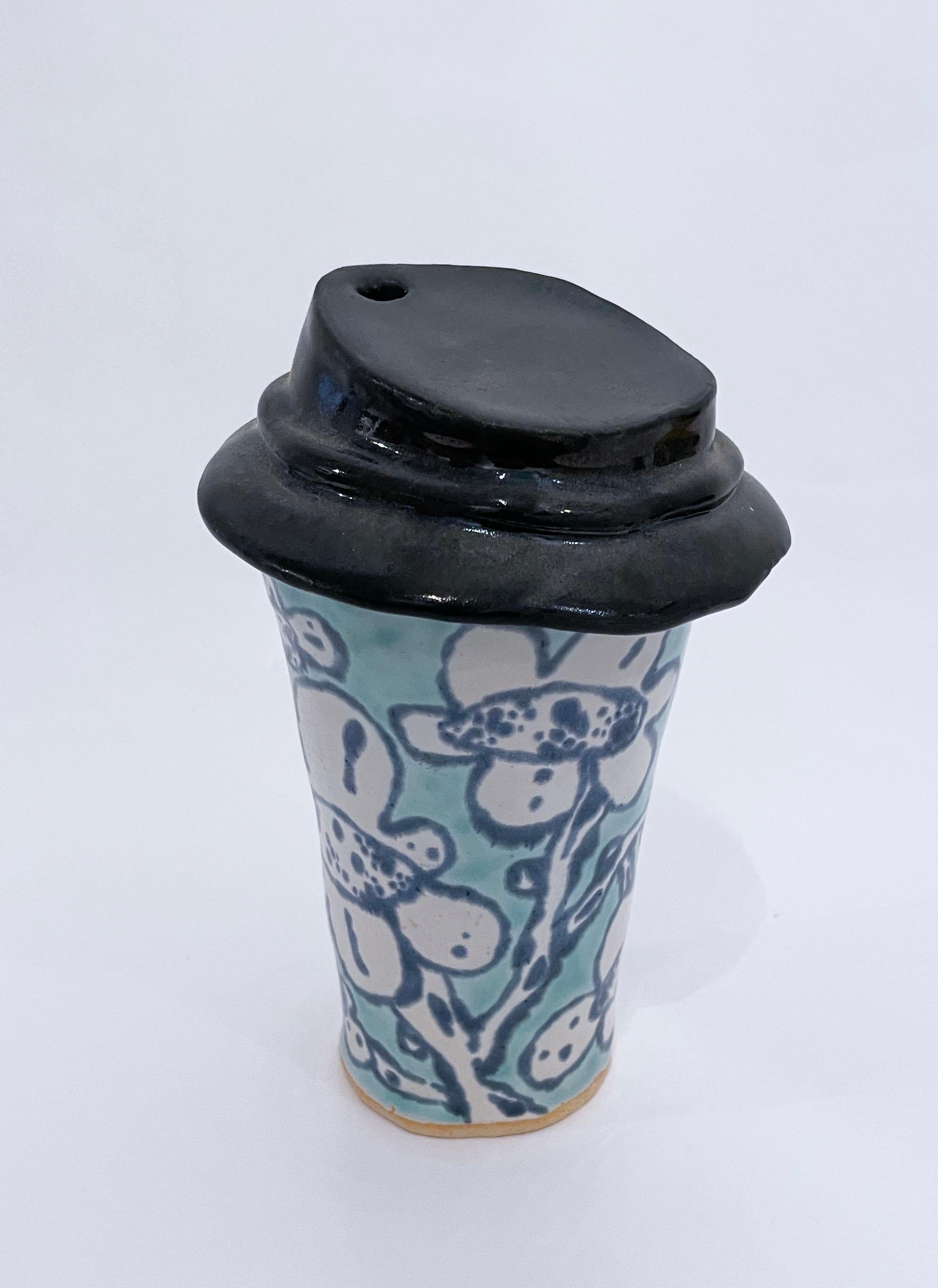 Blossom Cup (2022), glazed ceramic, floral clay tumbler, coffee mug, aqua, blue For Sale 2