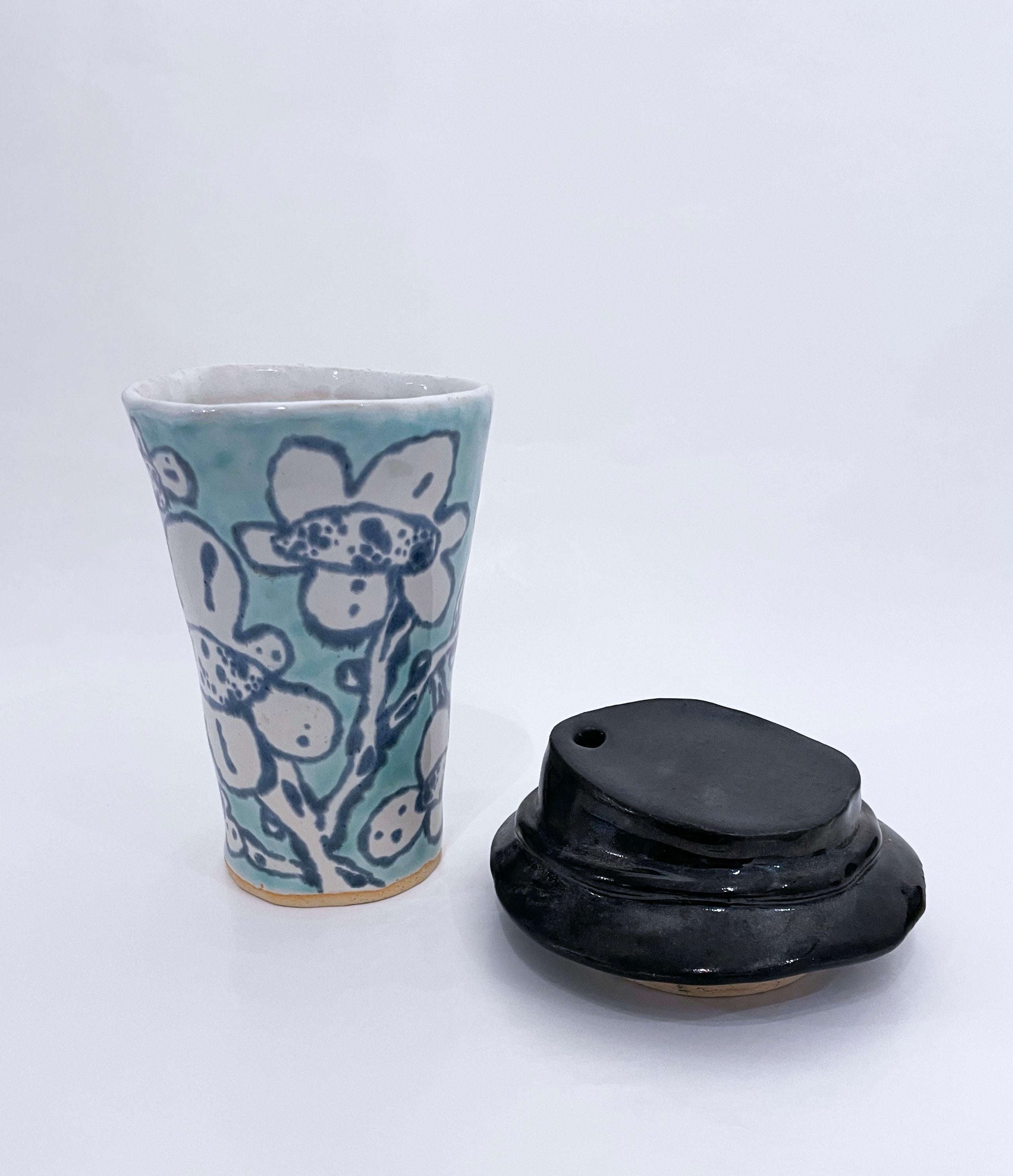 Blossom Cup (2022), glazed ceramic, floral clay tumbler, coffee mug, aqua, blue - Sculpture by Max Vesuvius Budnick