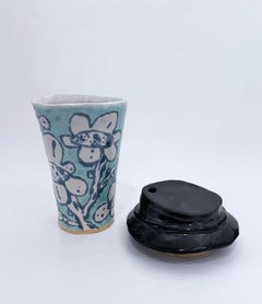 Blossom Cup (2022), glazed ceramic, floral clay tumbler, coffee mug, aqua, blue