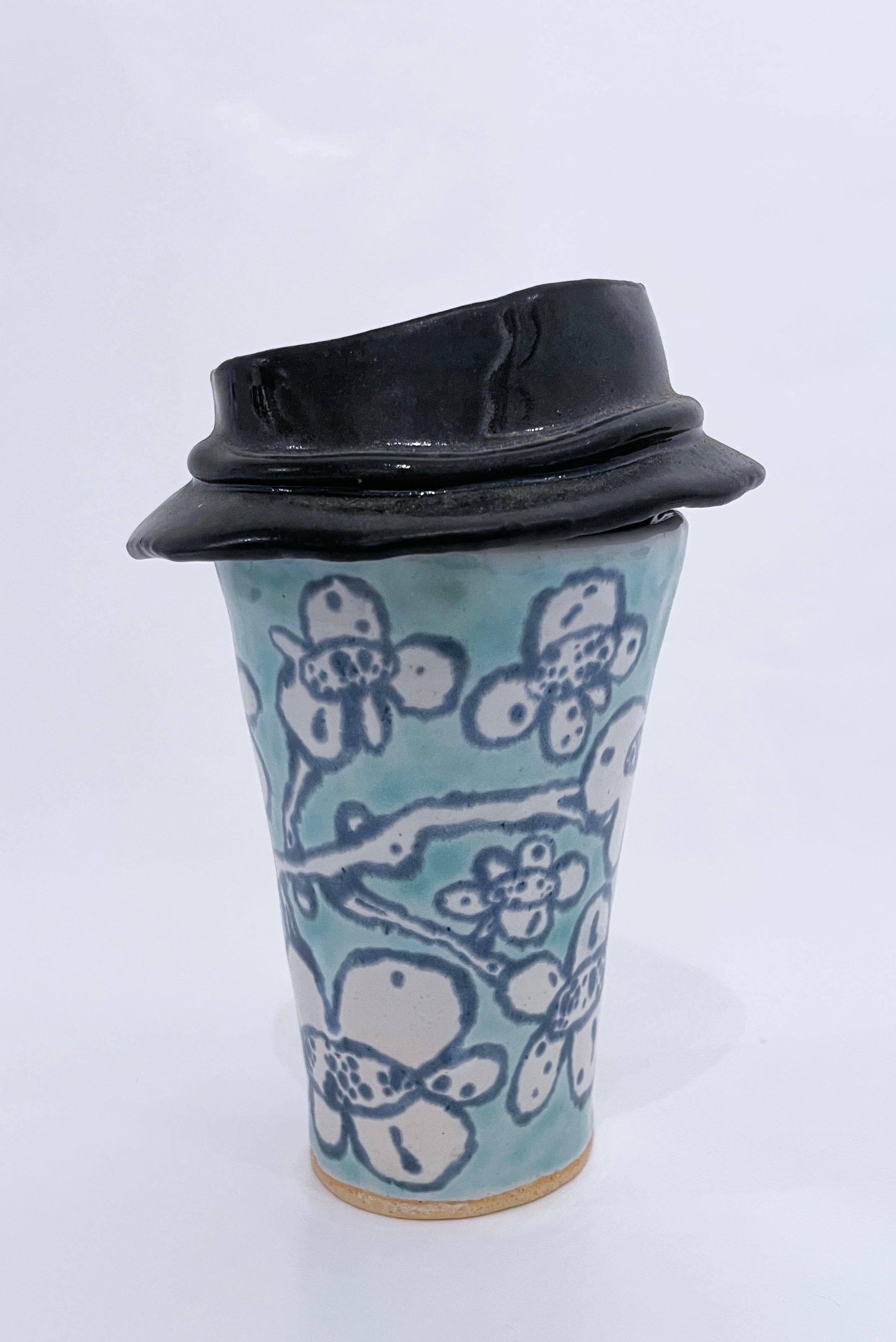 Blossom Cup (2022), glazed ceramic, floral clay tumbler, coffee mug, aqua, blue - Contemporary Sculpture by Max Vesuvius Budnick