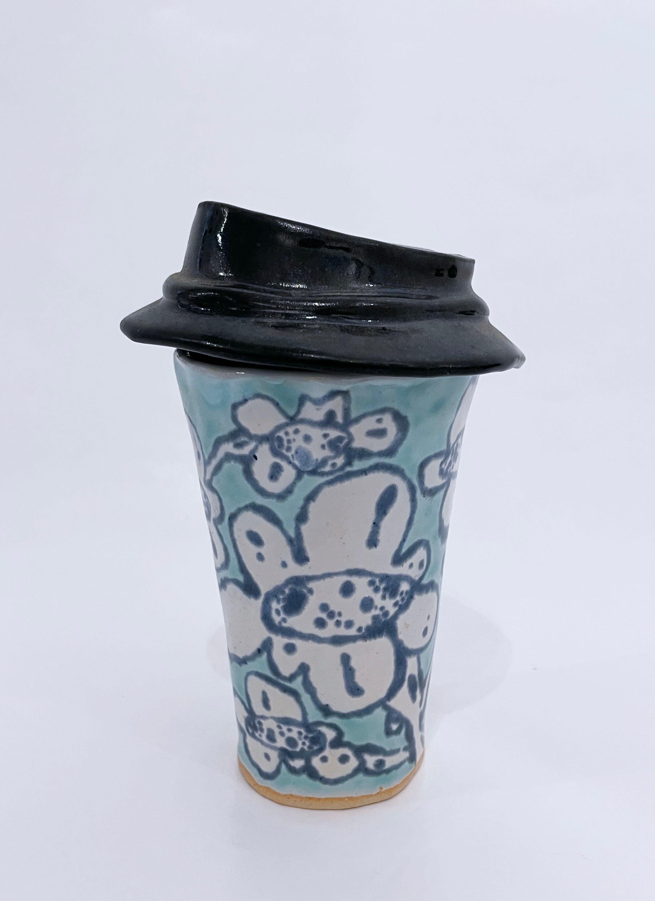 Blossom Cup (2022), glazed ceramic, floral clay tumbler, coffee mug, aqua, blue For Sale 1