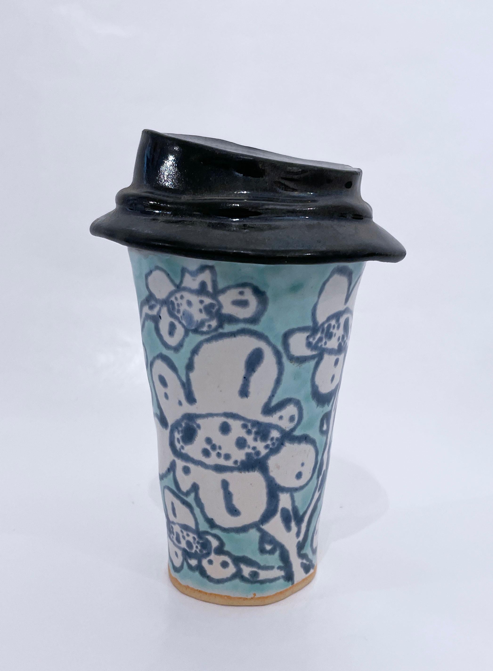 Max Vesuvius Budnick Figurative Sculpture - Blossom Cup (2022), glazed ceramic, floral clay tumbler, coffee mug, aqua, blue