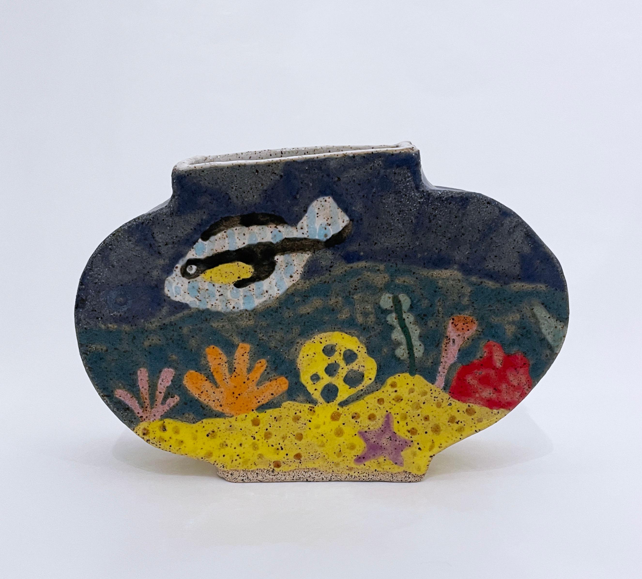 Fishbowl (2022), glazed ceramic, clay vase, aquarium, fish, blue, yellow, coral - Sculpture by Max Vesuvius Budnick