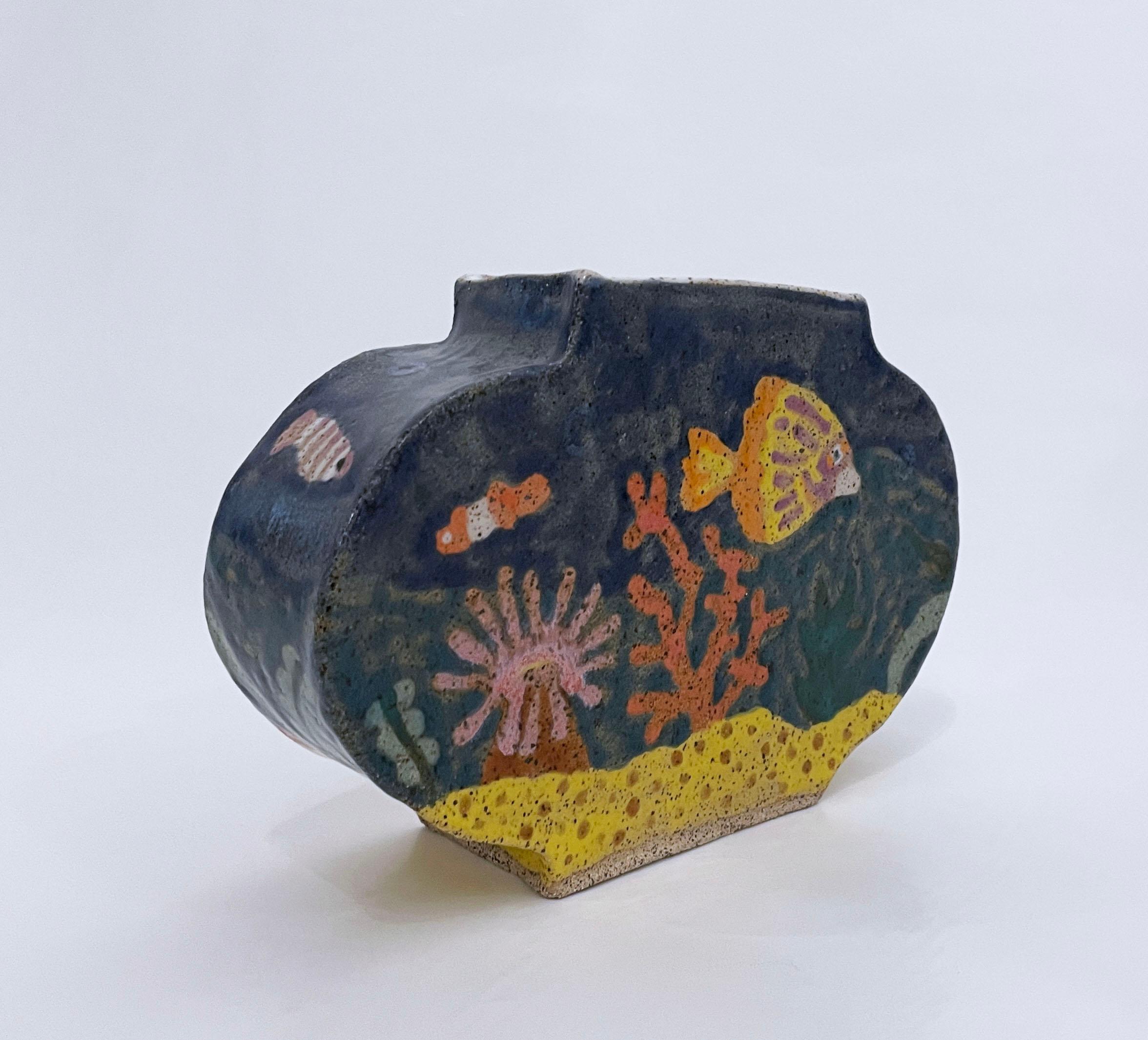 Fishbowl (2022), glazed ceramic, clay vase, aquarium, fish, blue, yellow, coral - Gray Figurative Sculpture by Max Vesuvius Budnick