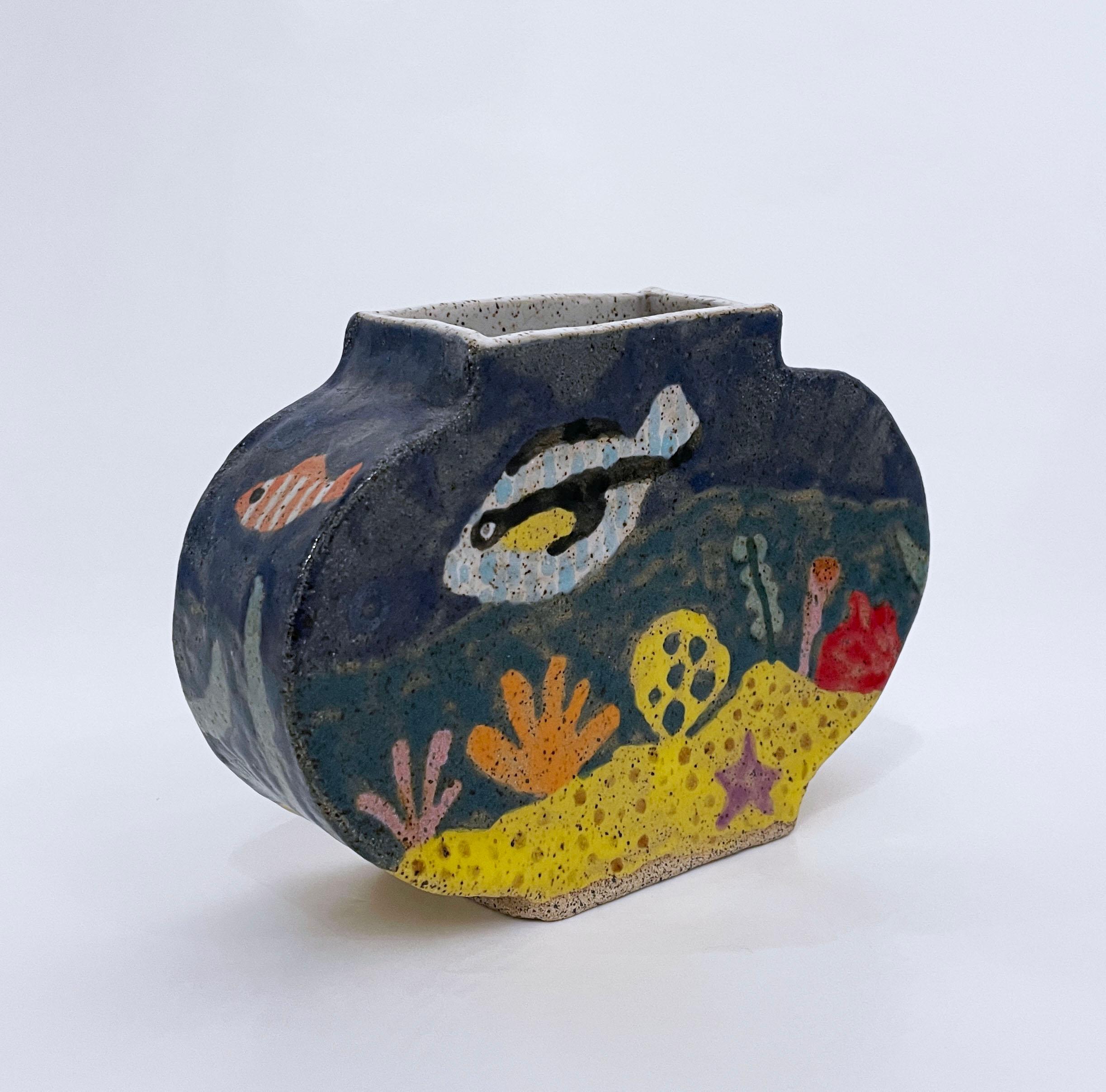 Max Vesuvius Budnick Figurative Sculpture - Fishbowl (2022), glazed ceramic, clay vase, aquarium, fish, blue, yellow, coral