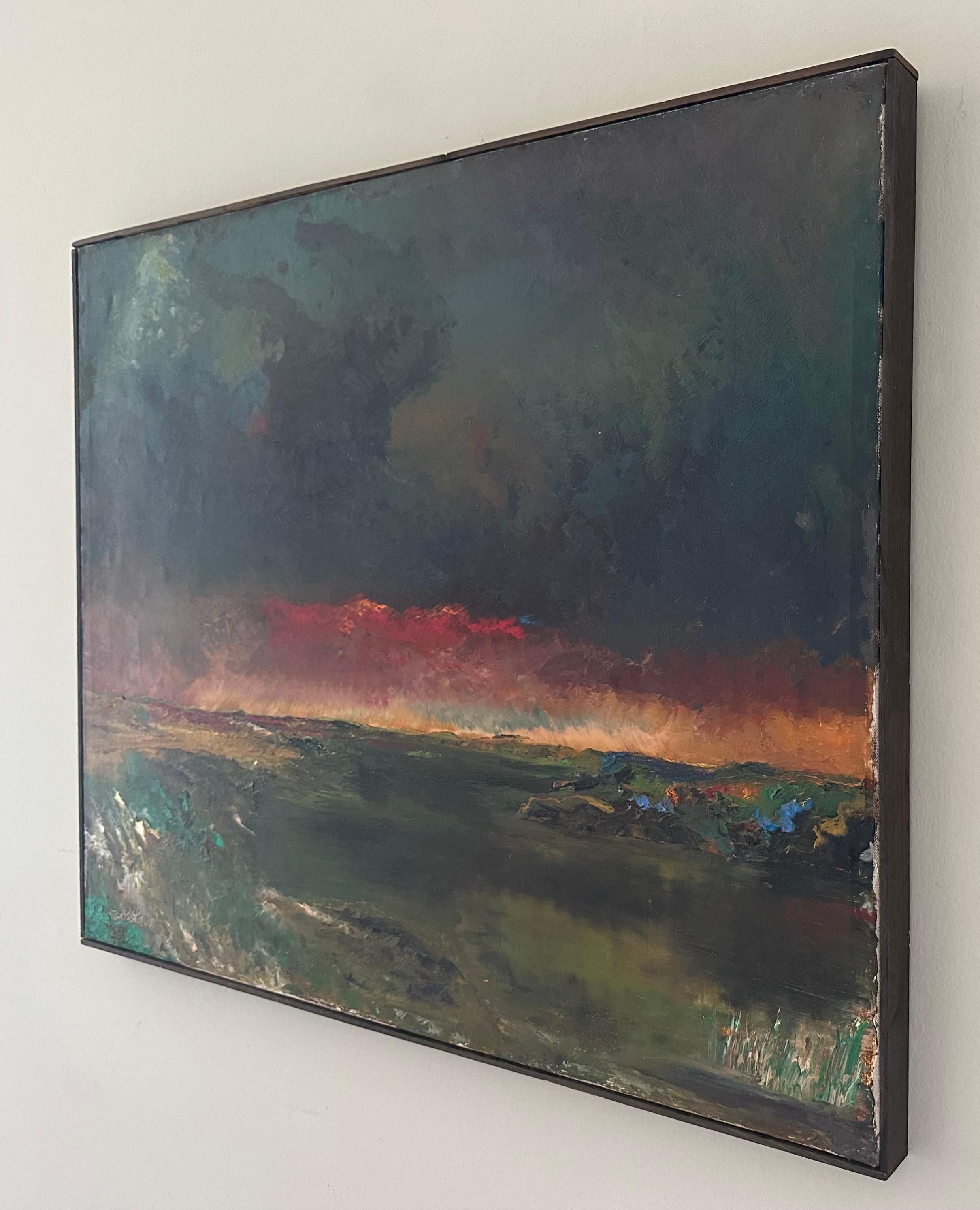1958 Mid-Century Landscape - Dramatic Red Sunset Over Field, Oil on Canvas (Paysage du milieu du siècle - Coucher de soleil dramatique sur un champ, huile sur toile) en vente 5