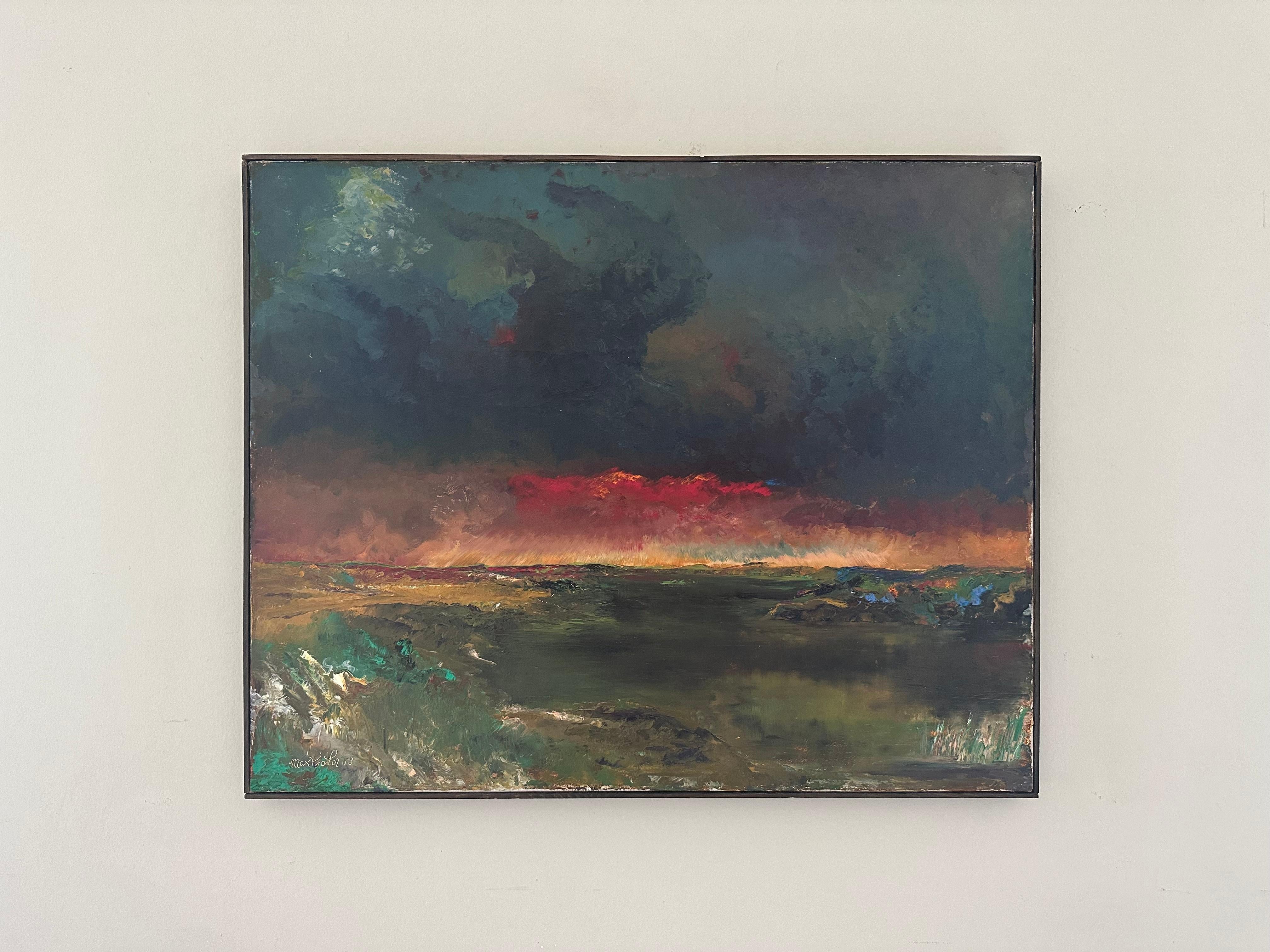 1958 Mid-Century Landscape - Dramatic Red Sunset Over Field, Oil on Canvas (Paysage du milieu du siècle - Coucher de soleil dramatique sur un champ, huile sur toile) - Painting de Max Victor