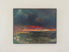 1958 Paisaje de mediados de siglo - Dramático atardecer rojo sobre el campo, óleo sobre lienzo
