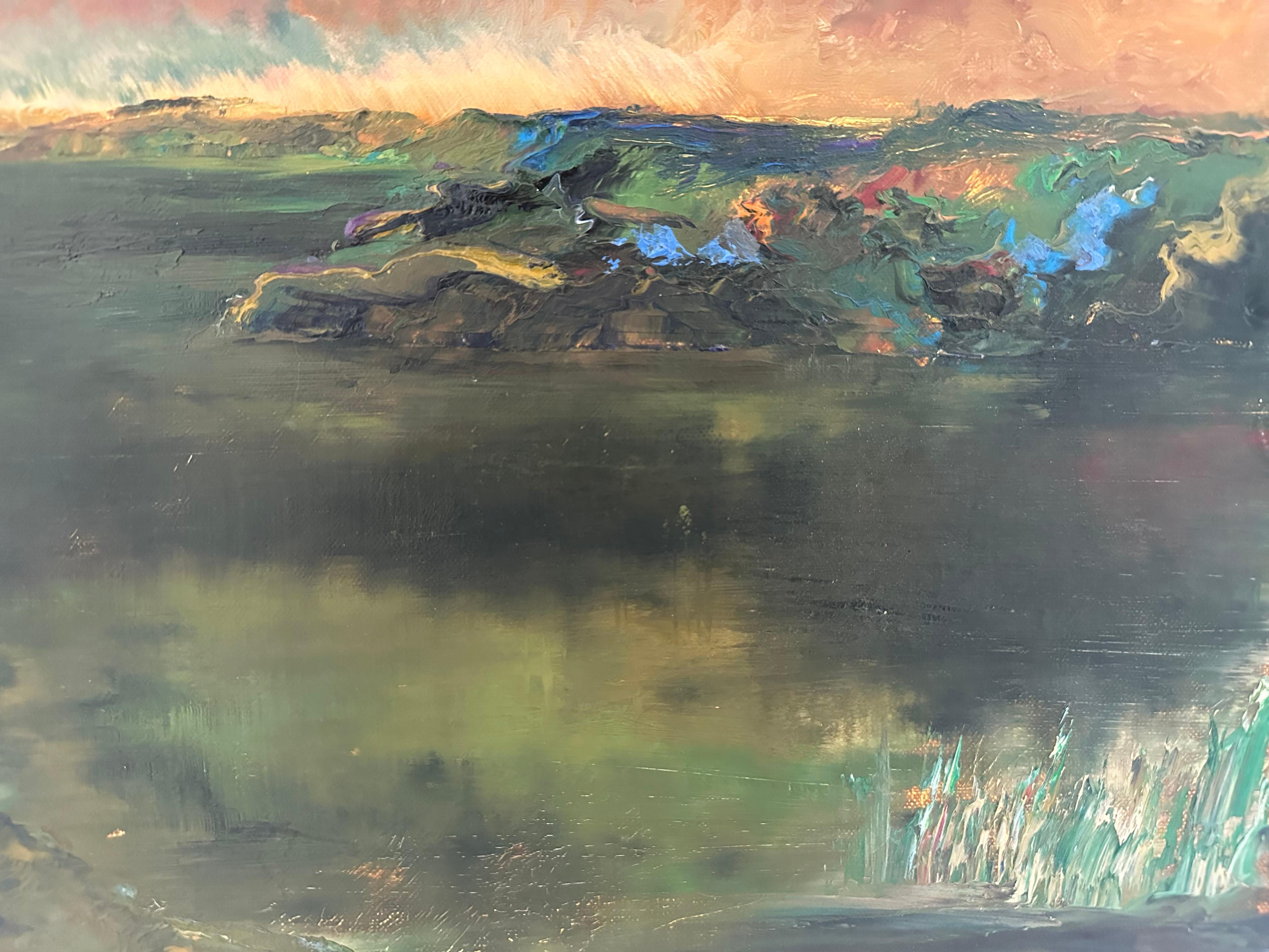 1958 Mid-Century Landscape - Dramatic Red Sunset Over Field, Oil on Canvas (Paysage du milieu du siècle - Coucher de soleil dramatique sur un champ, huile sur toile) - Noir Figurative Painting par Max Victor