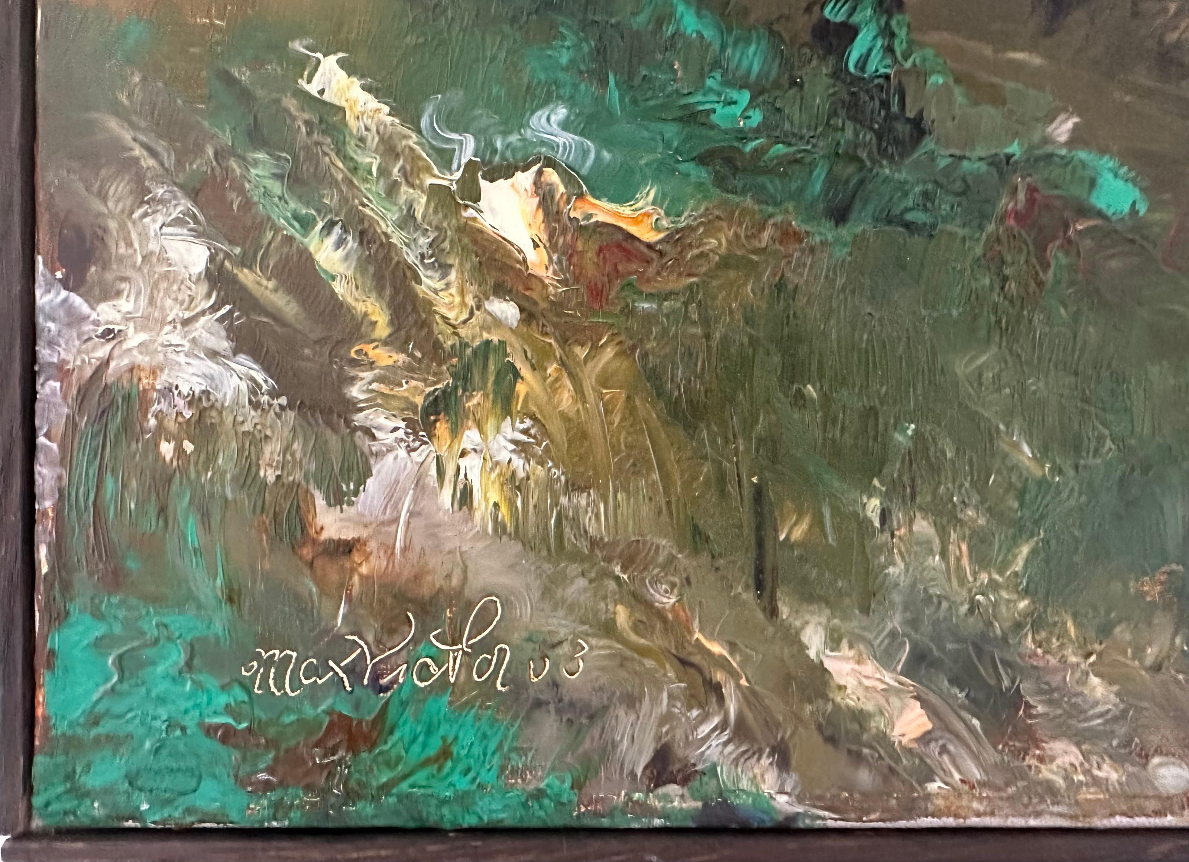Une étonnante peinture à l'huile de paysage du milieu du siècle par l'artiste danois Max Victor (1919-1993), signée et datée du 3 juillet 1958. 

La composition magnifique dépeint un vaste champ ouvert sous un ciel dramatique, où les bleus et les