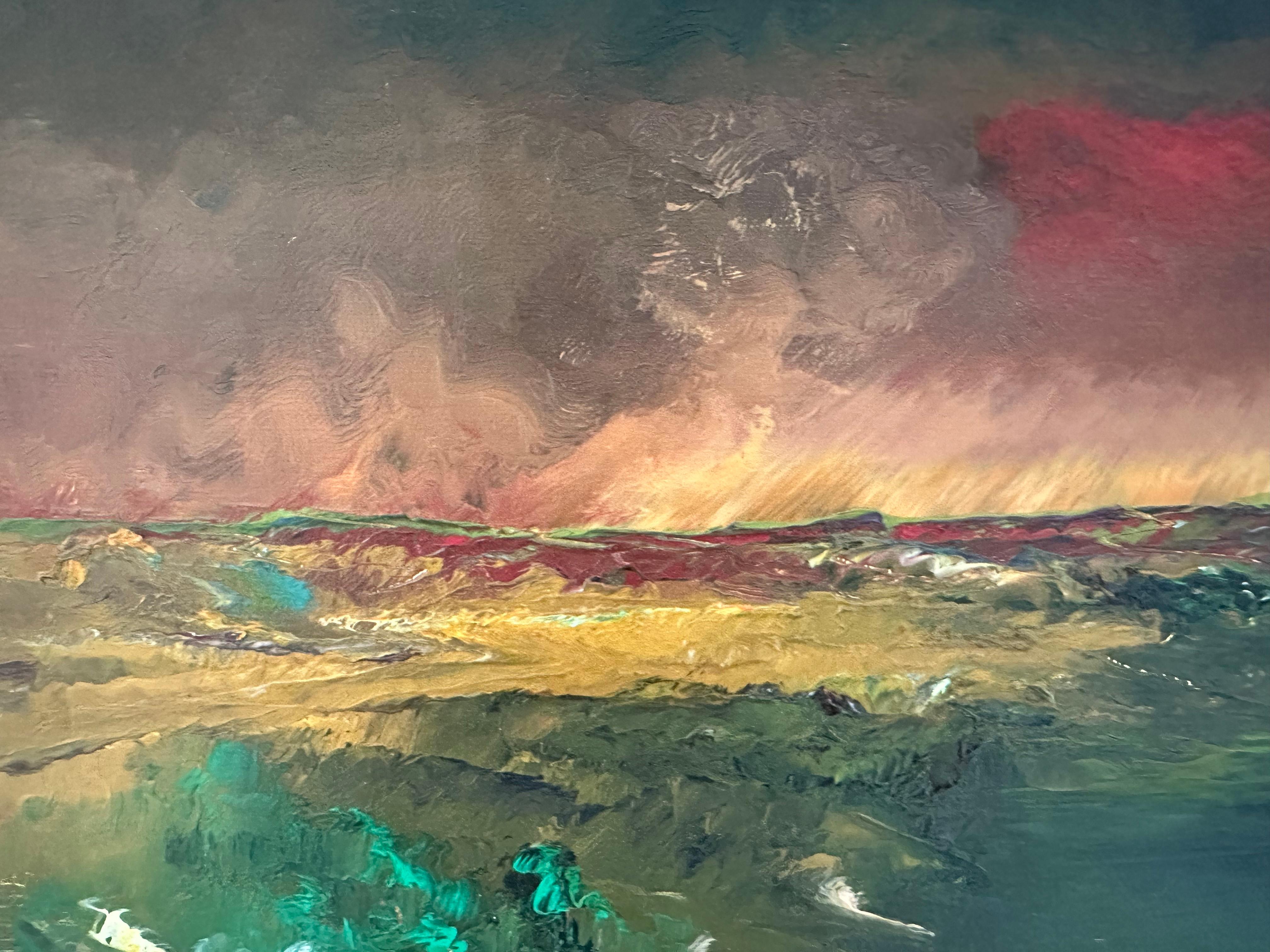1958 Mid-Century Landscape - Dramatic Red Sunset Over Field, Oil on Canvas (Paysage du milieu du siècle - Coucher de soleil dramatique sur un champ, huile sur toile) en vente 1