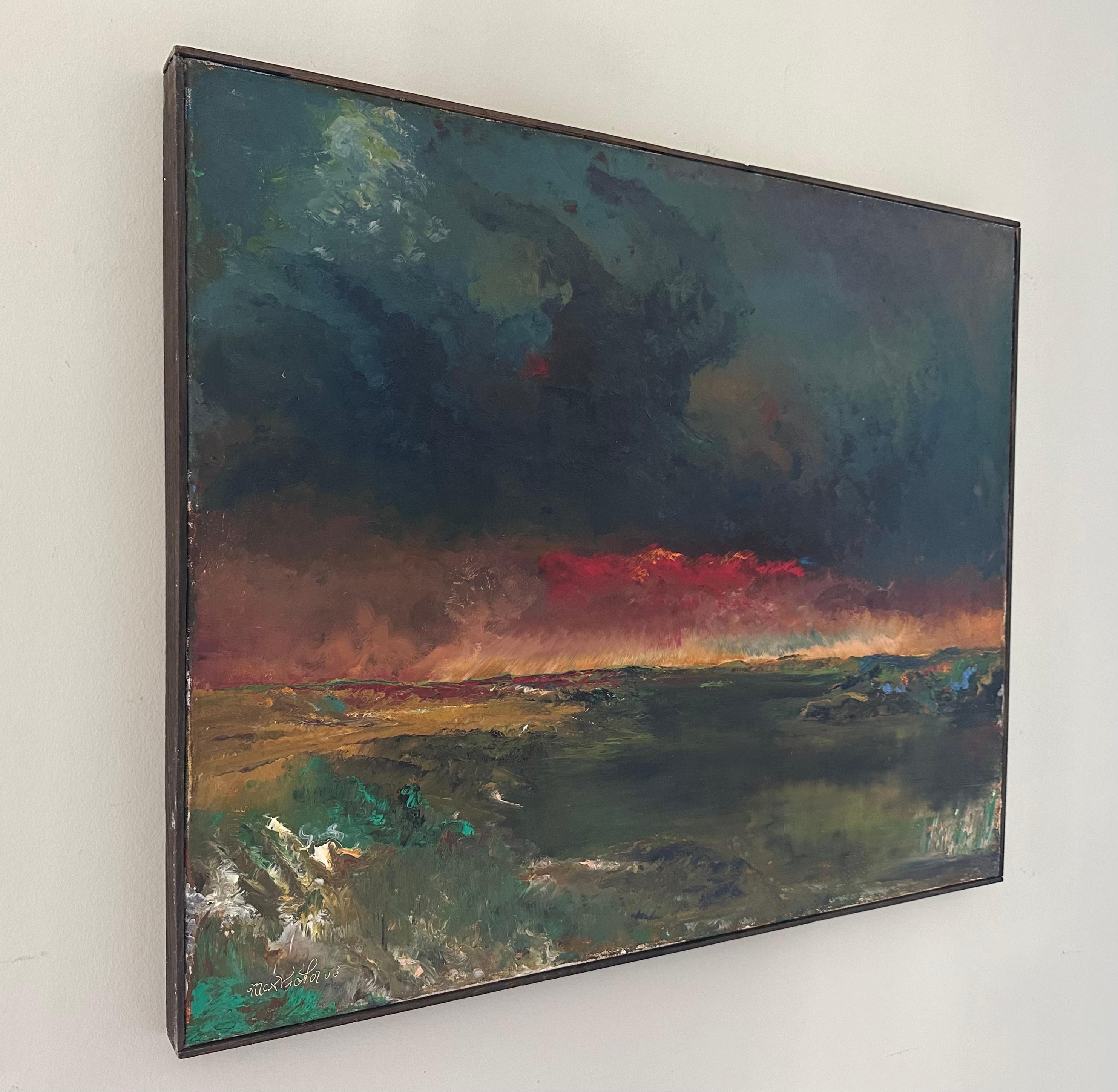 1958 Mid-Century Landscape - Dramatic Red Sunset Over Field, Oil on Canvas (Paysage du milieu du siècle - Coucher de soleil dramatique sur un champ, huile sur toile) en vente 4