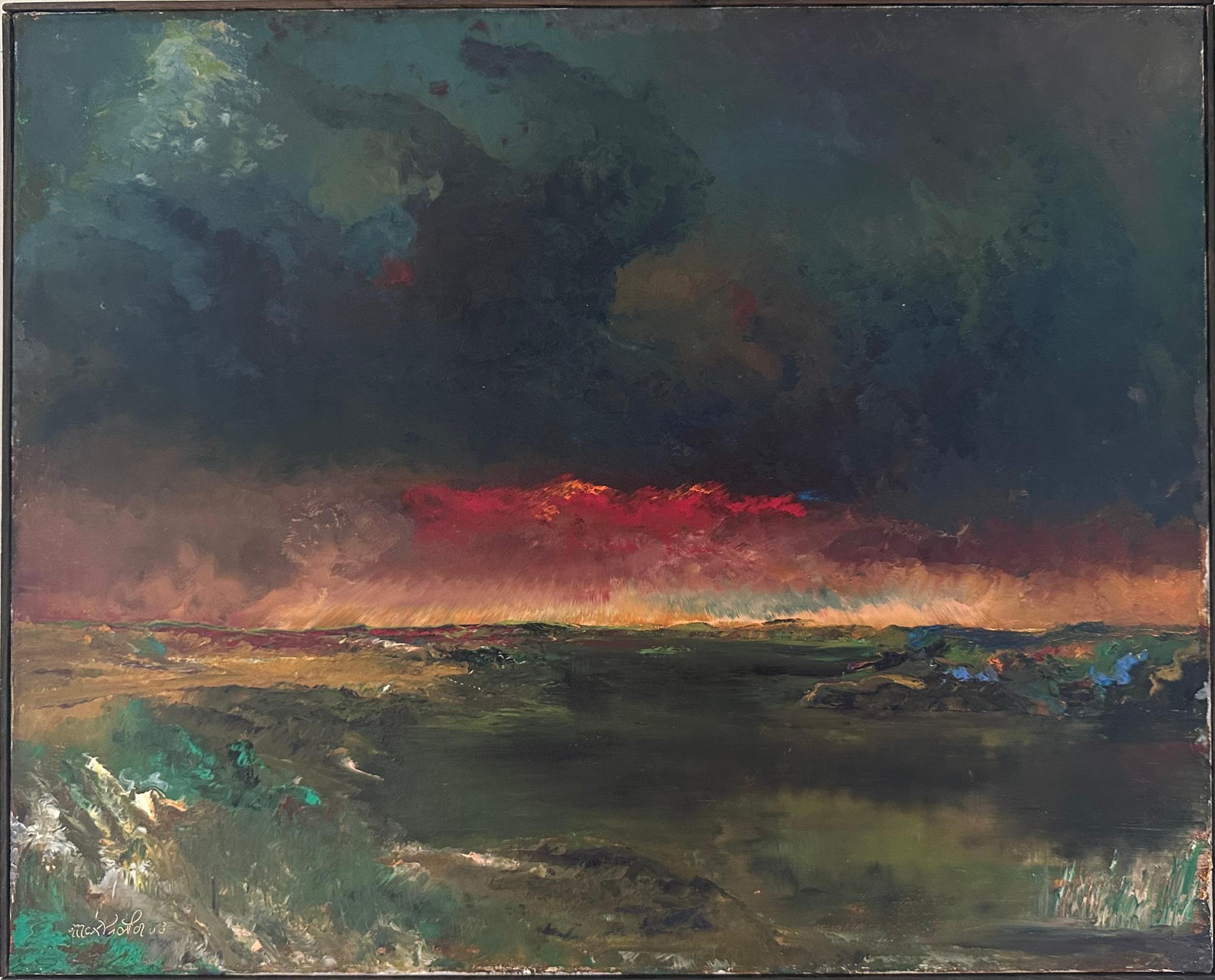 1958 Paisaje de mediados de siglo - Dramático atardecer rojo sobre el campo, óleo sobre lienzo