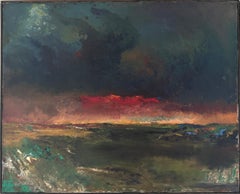 1958 Paisaje de mediados de siglo - Dramático atardecer rojo sobre el campo, óleo sobre lienzo