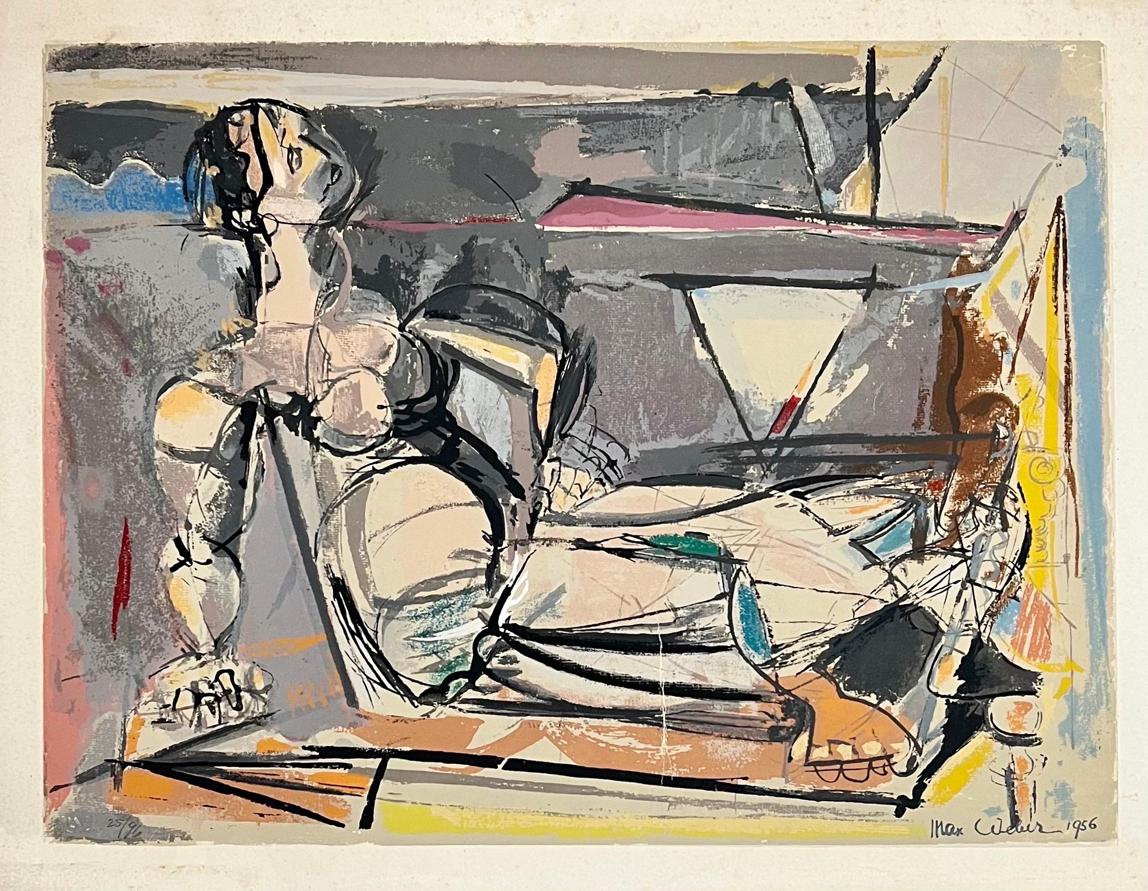 Kubistische Lithographie der amerikanischen Moderne, Siebdruck „Reclining Woman“ Max Weber