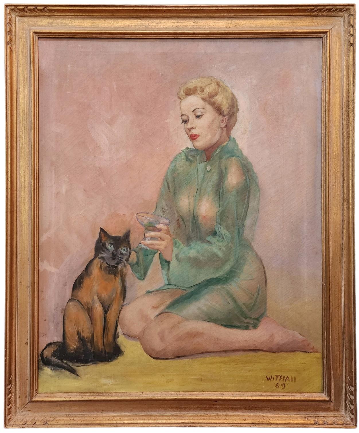 Max Withall Animal Painting -  Woman with Her Cat, 1959, Bell, Book and Candle, Kim Novak, Cat, Vintage Erotic