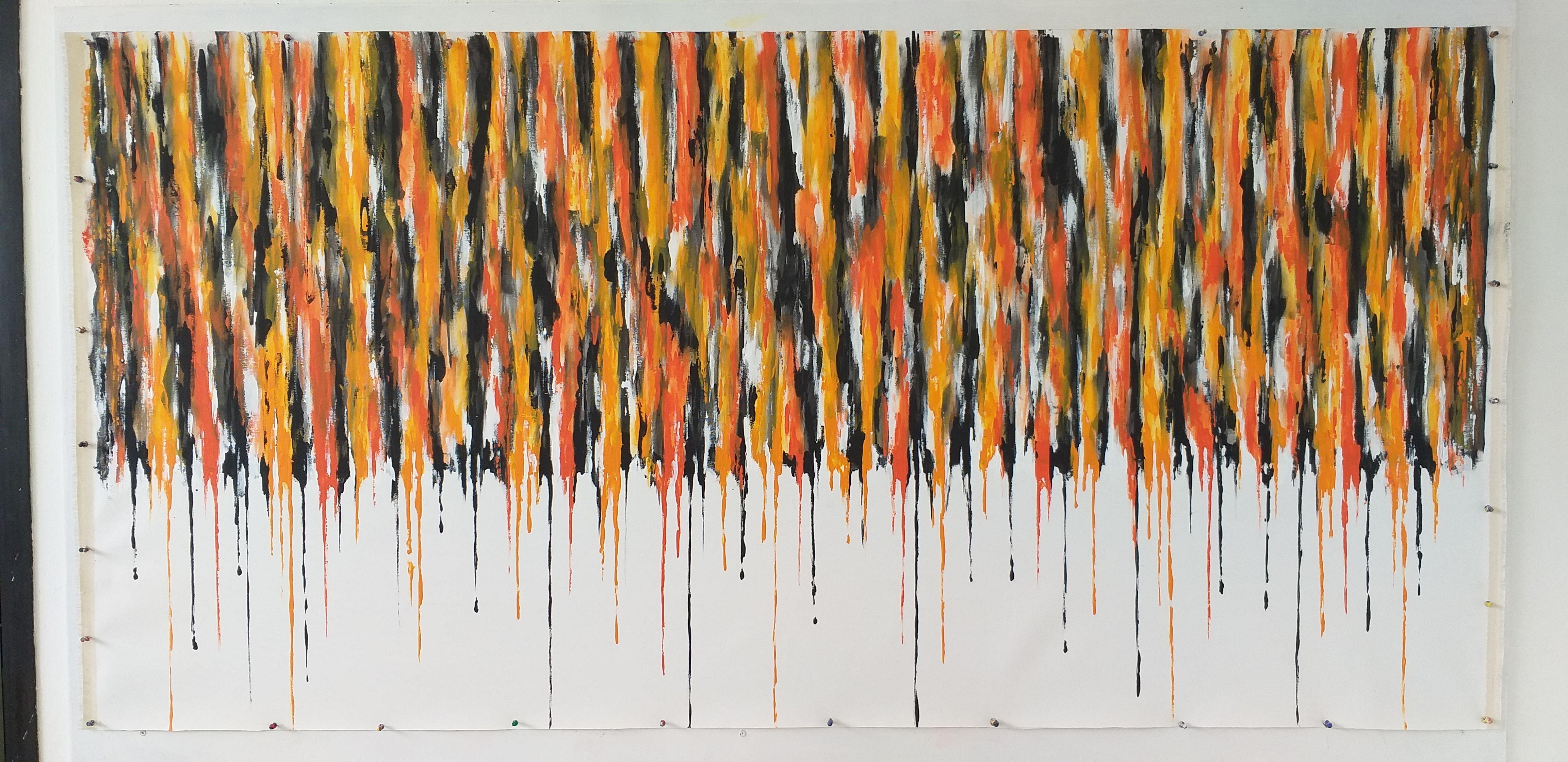 Â« Drips 9 Â» by M.Y.  Painting size 95cm x 200cm (37,40in x 78,70in)   un-stretched, no frame.  The original size of the canvas 106cm x 213cm (41,70in x 83,80in). the painting is with extra canvas on the sides for stretching.  The real color of the