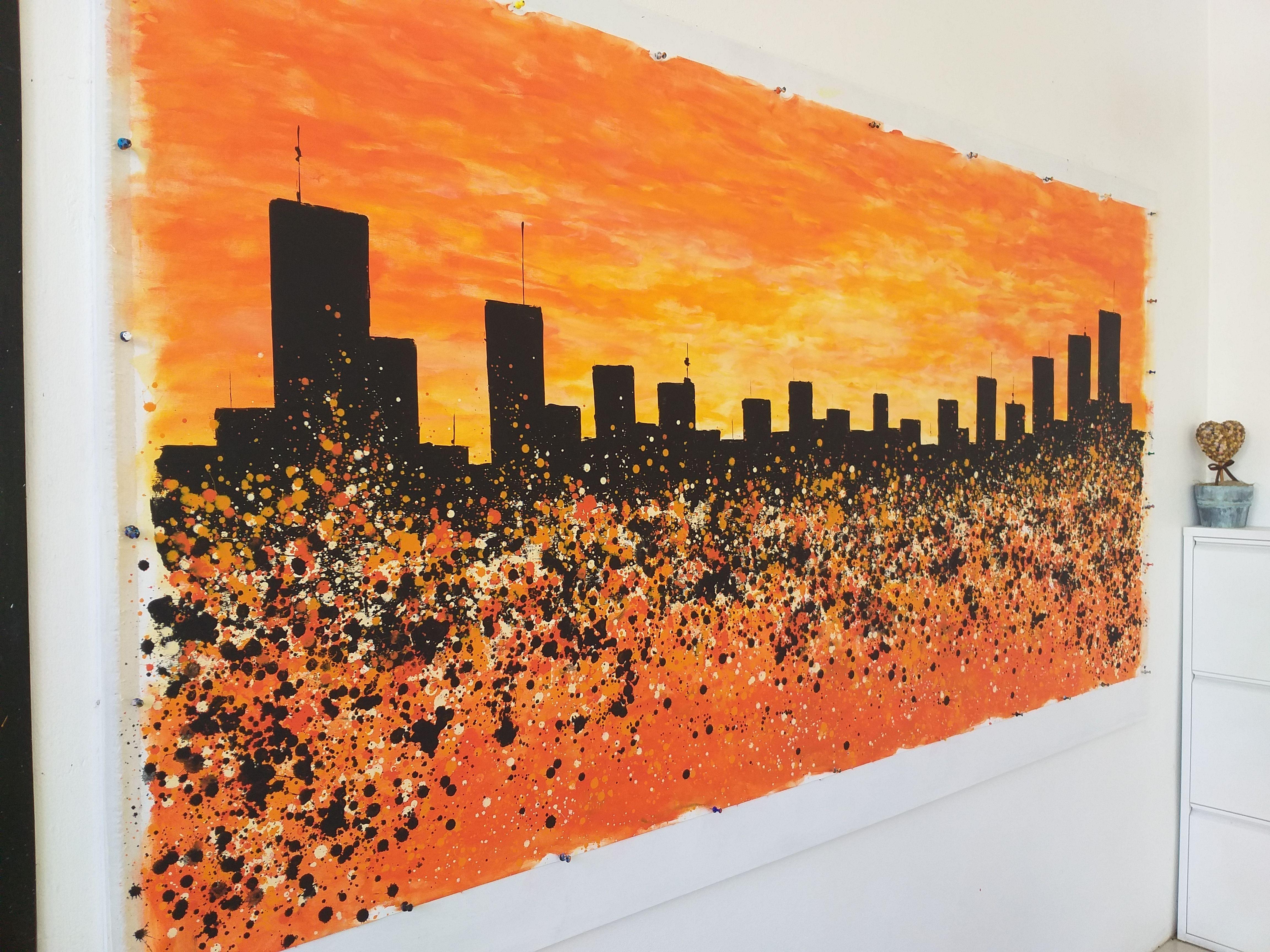 Â« Sunset in New York Â» by M.Y., Painting, Acrylic on Canvas - Orange Abstract Painting by Max Yaskin