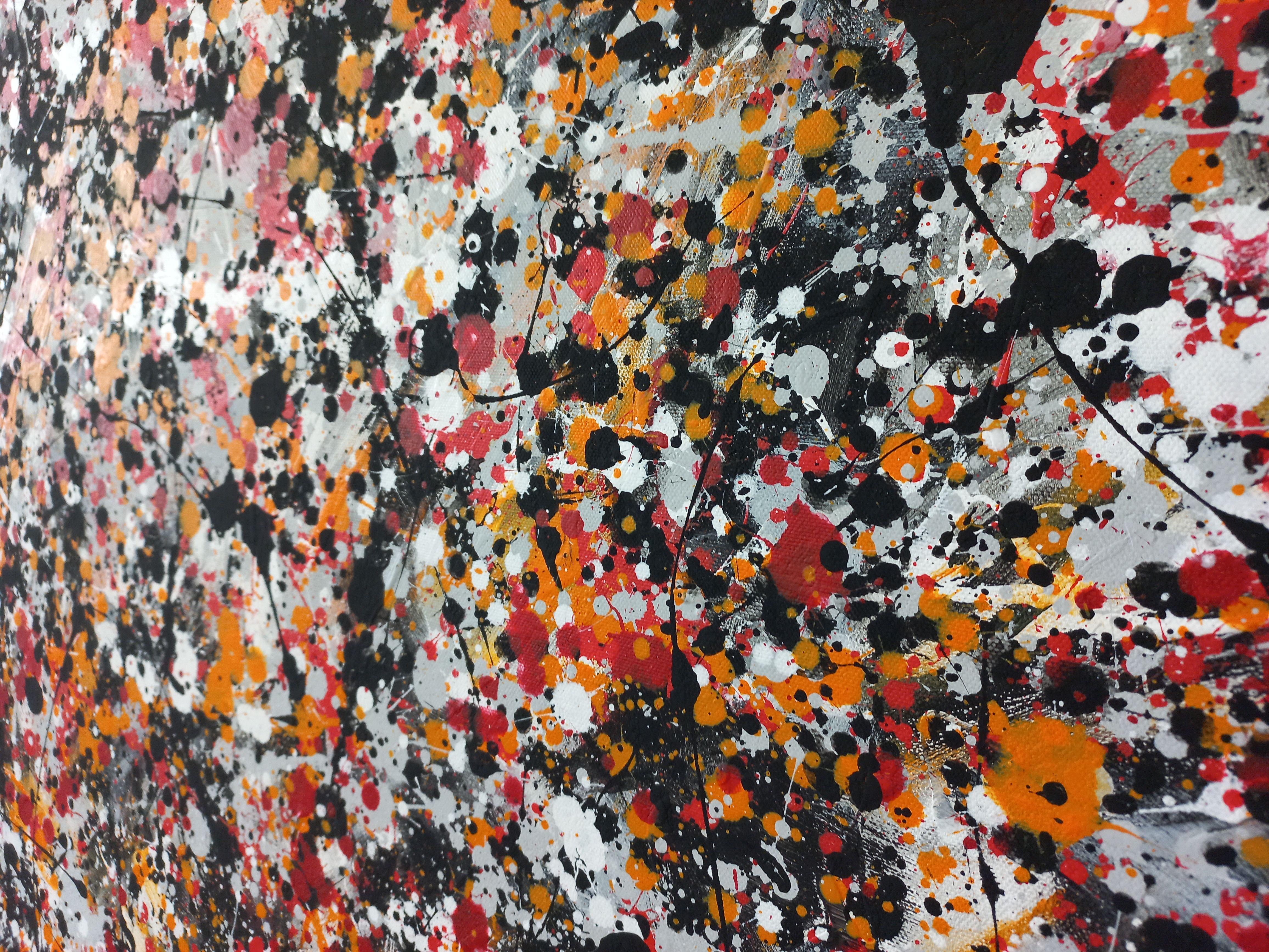 Abstraktes Gemälde im Stil von J. Pollock von M.Y.  Ich bin ständig auf der Suche nach neuen Techniken, Farben und MATERIALEN, mit denen ich experimentieren kann, und strebe in jeder Komposition eine sinnliche Harmonie an. Ich lasse mich vor allem