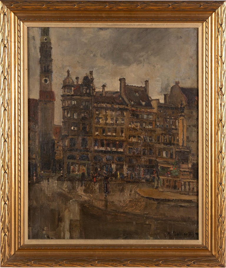 Vintage German impressionist street scene painting by Max Zettler (1886 - 1926).  Oil on canvas, circa 1900.  Signed.  Image size, 17L x 21H.  Housed in a period  frame.
