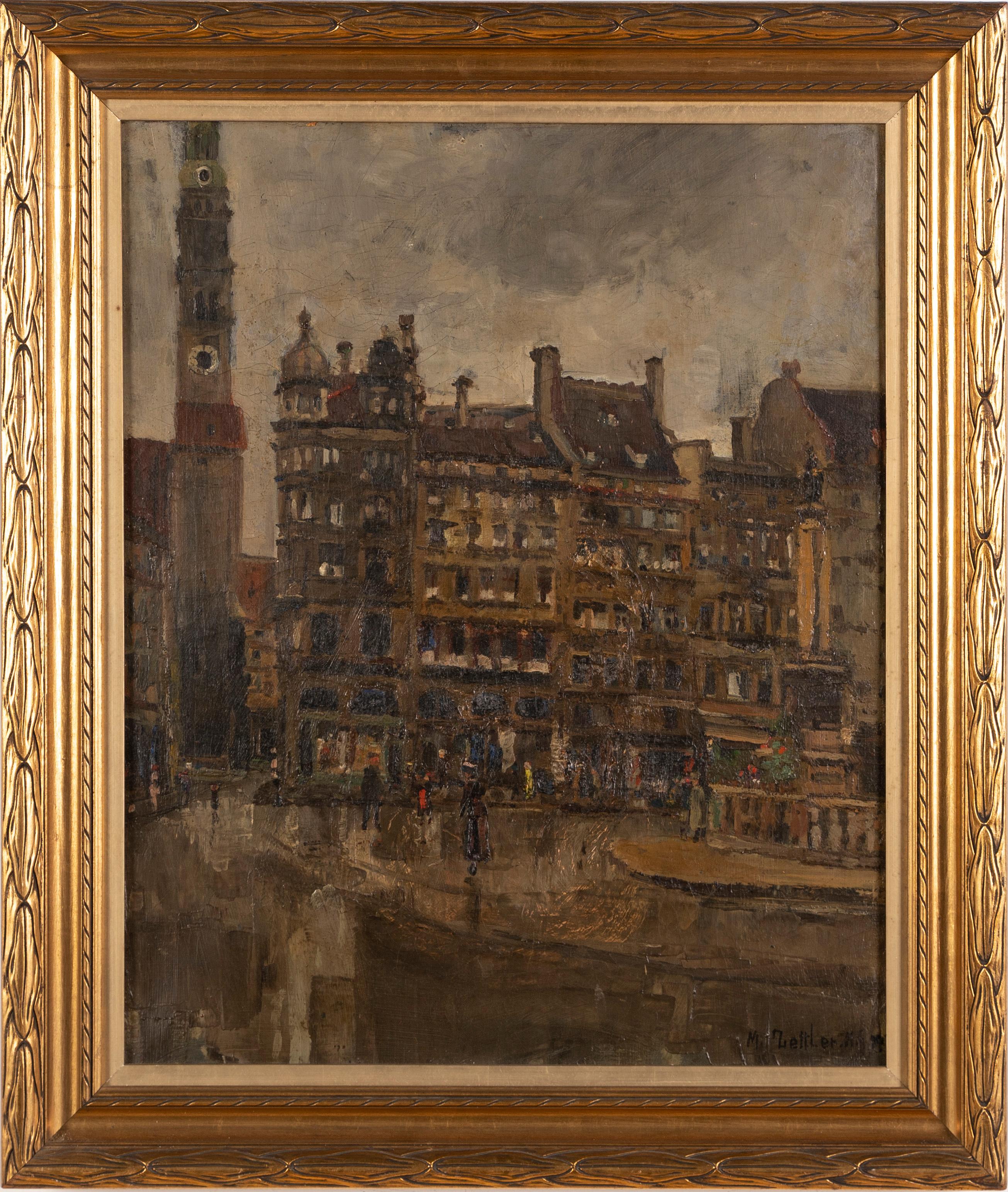 Antique Signed German Cityscape Town Center Street Scene Framed Oil Painting