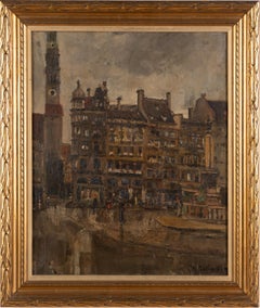 Antique Signed German Cityscape Town Center Street Scene Framed Oil Painting