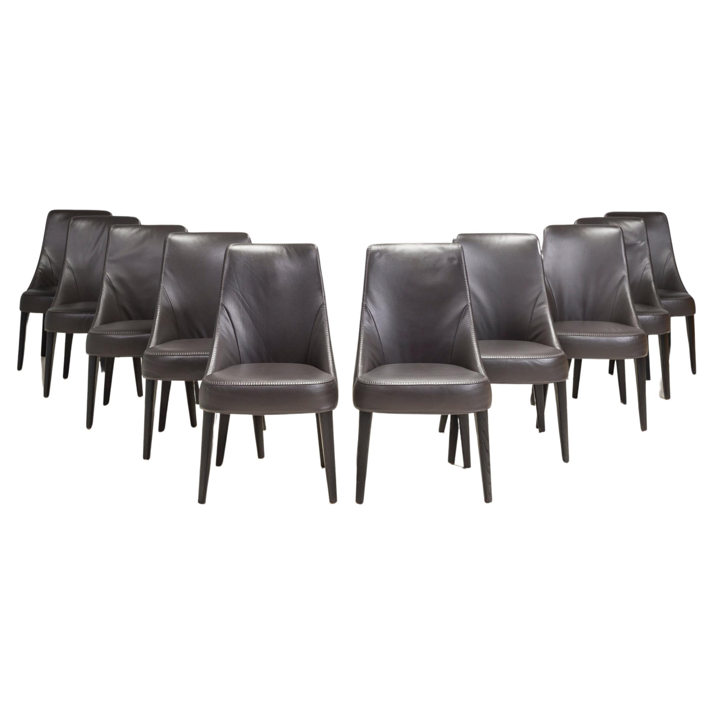 Maxalto by Antonio Citterio Febo Brown Leather Dining Chairs, Set of 10 For Sale