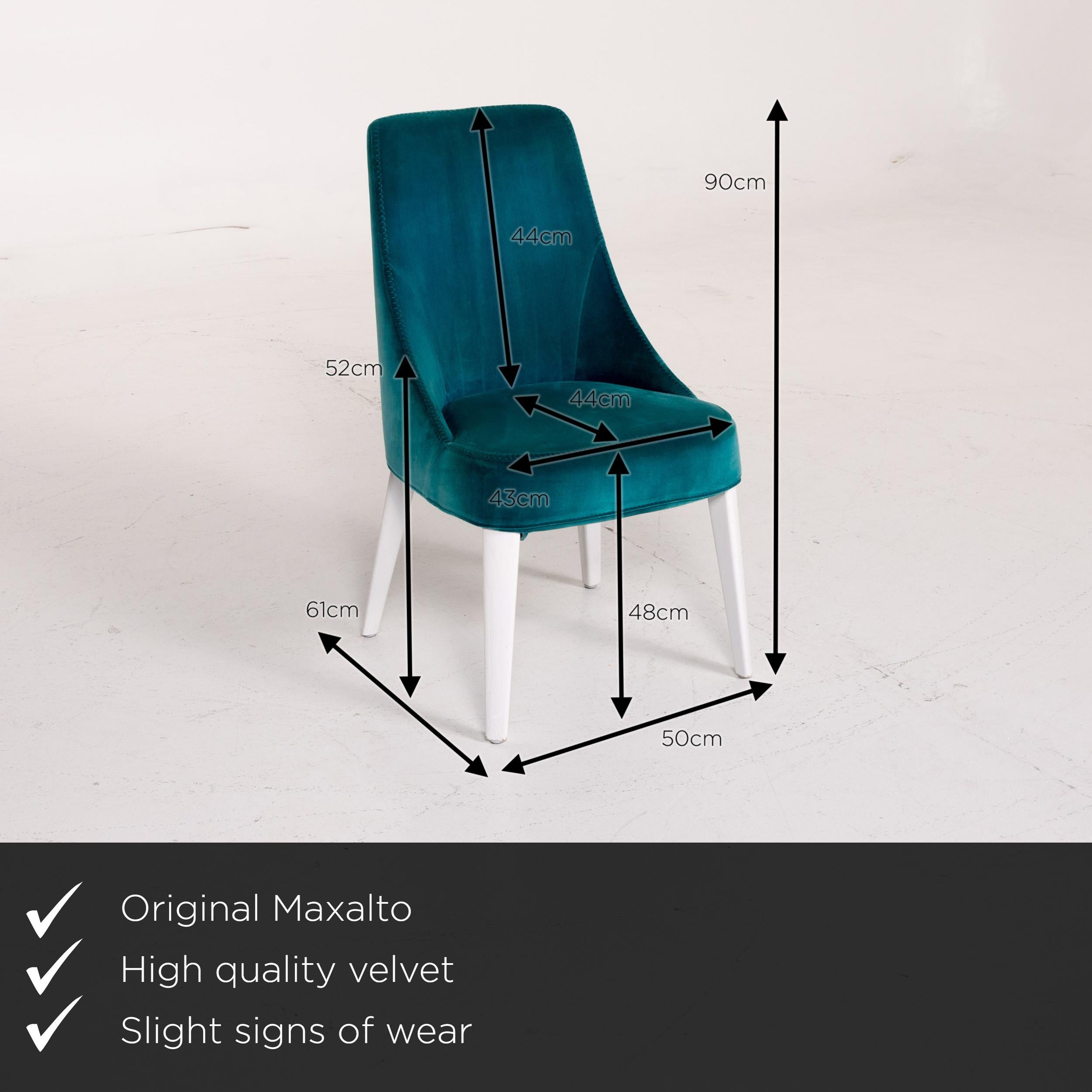 We present to you a Maxalto by B&B Italia velvet chair set turquoise.
 

 Product measurements in centimeters:
 

Depth: 61
Width: 50
Height: 90
Seat height: 48
Rest height: 52
Seat depth: 44
Seat width: 43
Back height: 44.
 