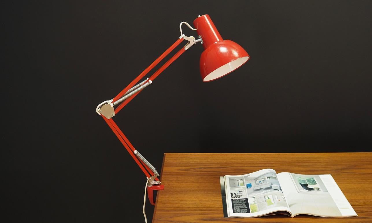 Superb desk lamp from the 1960s-1970s, Scandinavian design, produced in Maxam factory. Construction made of metal, plastic lamp shade. Maintained in good condition (minor bruises and scratches on the shade), directly for use.

Dimensions: arm
