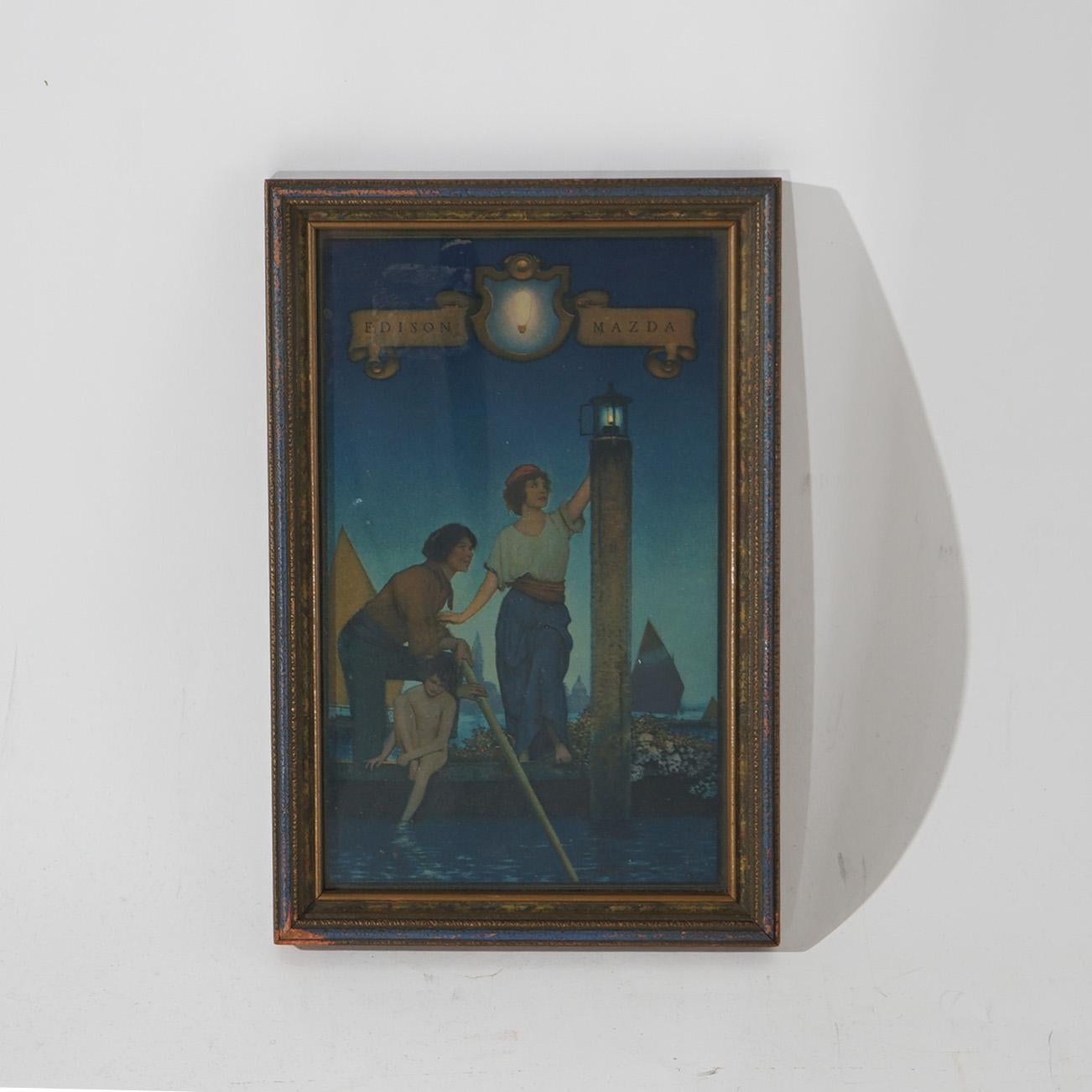 Art déco Maxfield Parrish, lampe vénitienne avec calendrier Mazda imprimé Art Déco, vers 1920 en vente