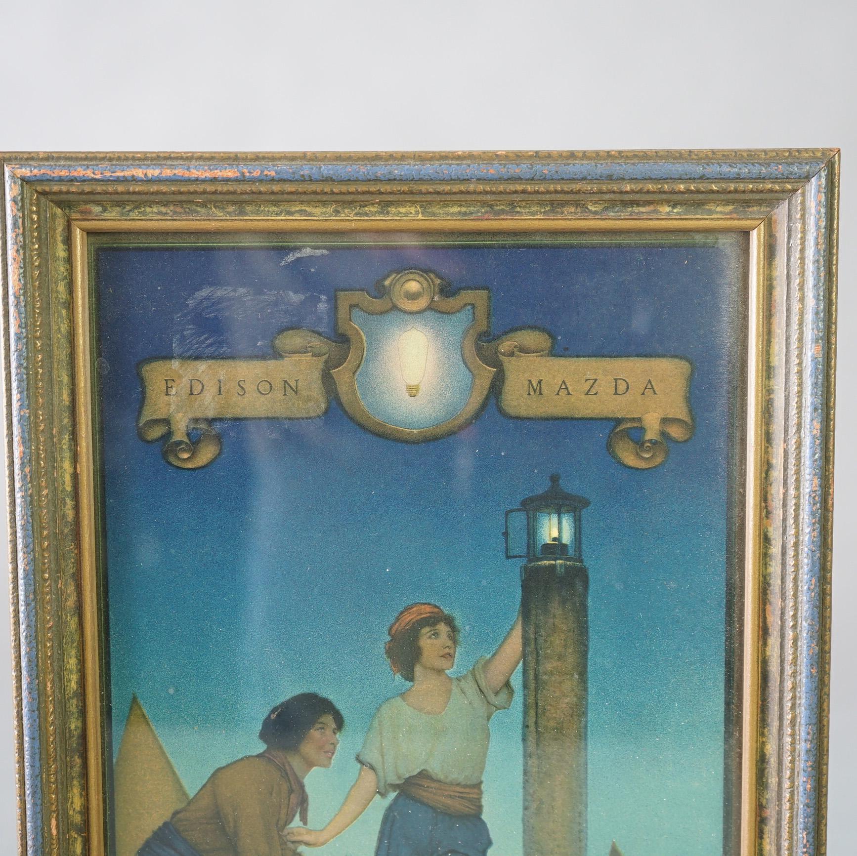 Papier Maxfield Parrish, lampe vénitienne avec calendrier Mazda imprimé Art Déco, vers 1920 en vente
