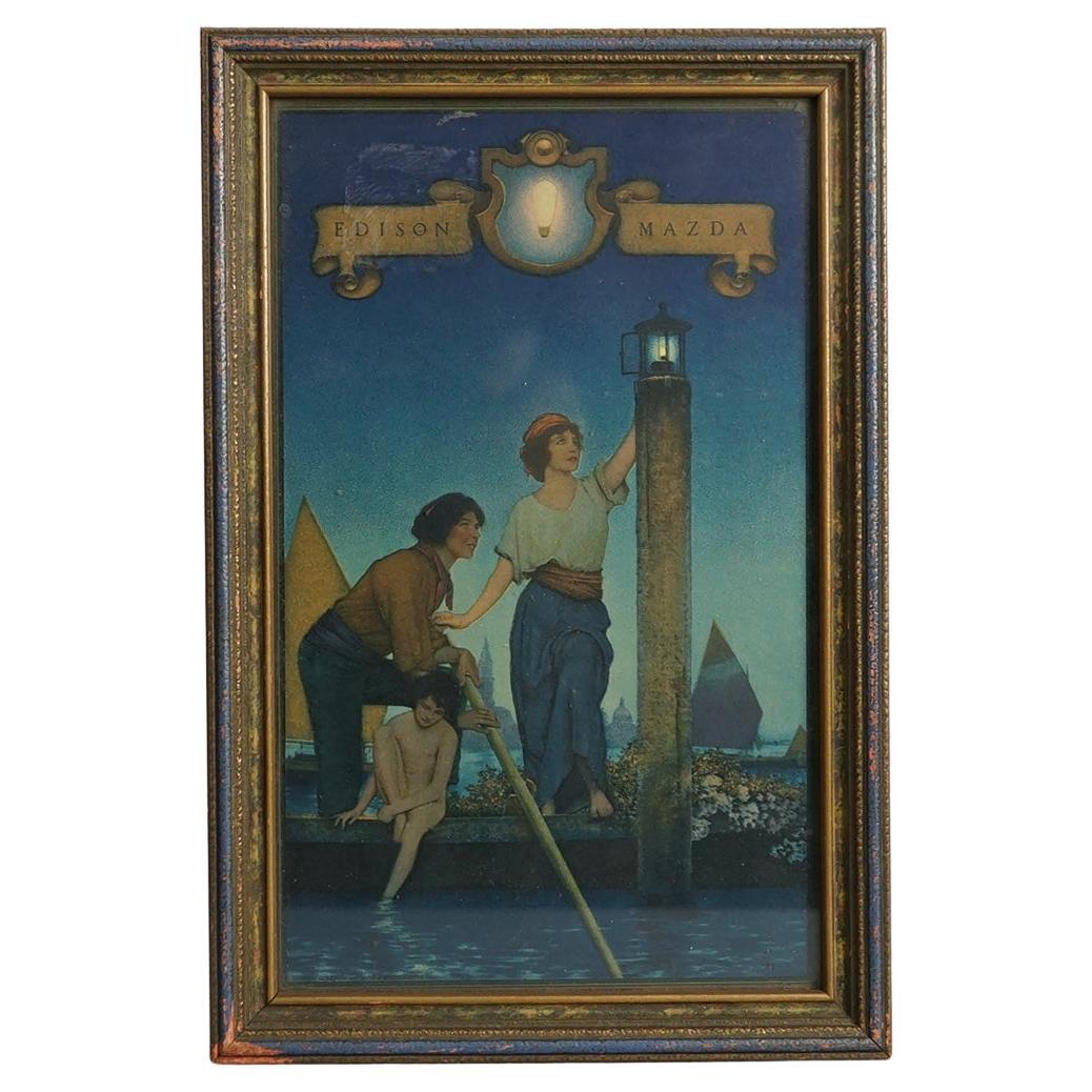 Maxfield Parrish Art Deco Print Mazda Calendar Top “Venetian Lamp Lighter" c1920 For Sale