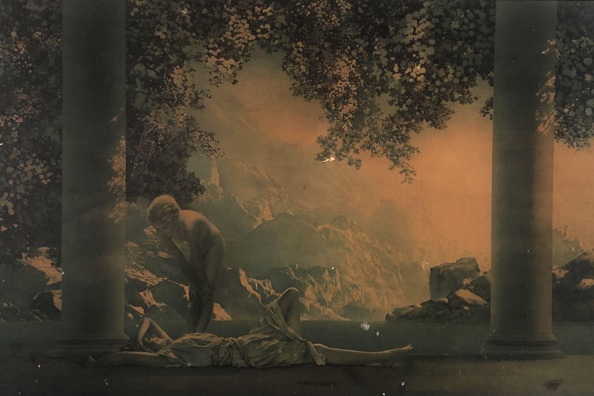 Lithograph by Maxfield Parrish titled 'Daybreak'. In its original frame. There is some glare and reflections in the photos due to the glass.

Circa 1920. Daybreak is a painting by American artist Maxfield Parrish made in 1922. Daybreak, inspired