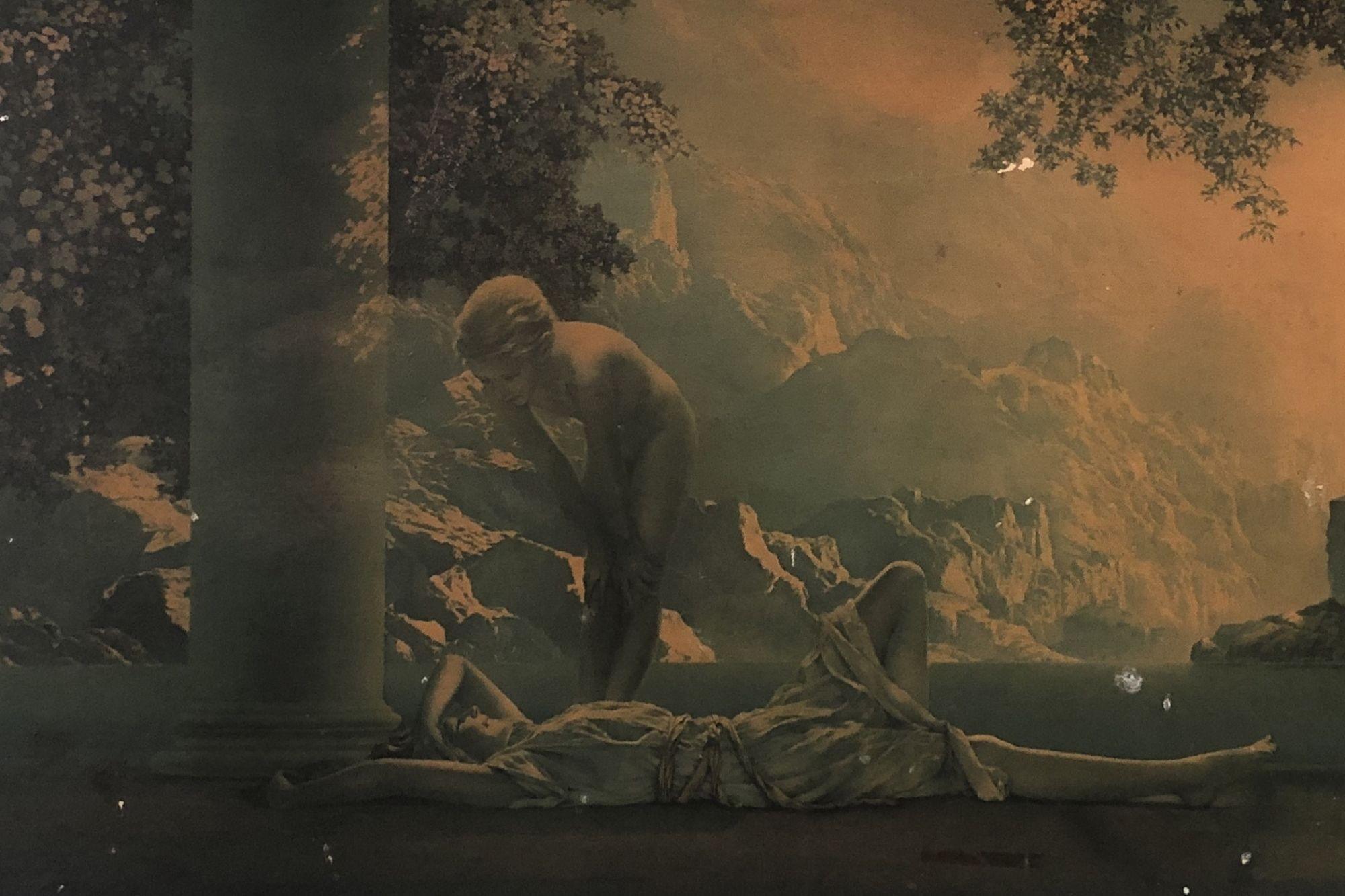 Maxfield Parrish Daybreak Lithograph in Gold Painted Frame In Excellent Condition In Van Nuys, CA