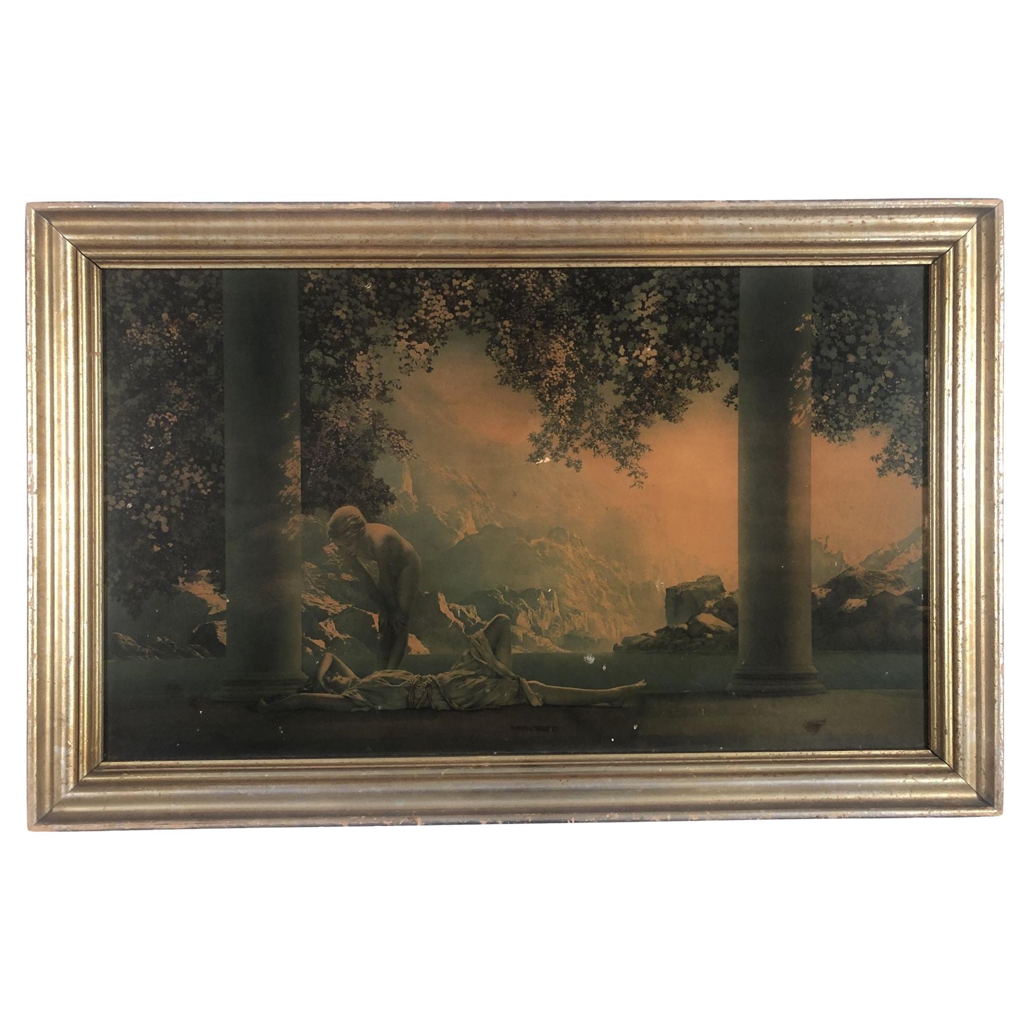 Maxfield Parrish Daybreak Lithograph in Gold Painted Frame