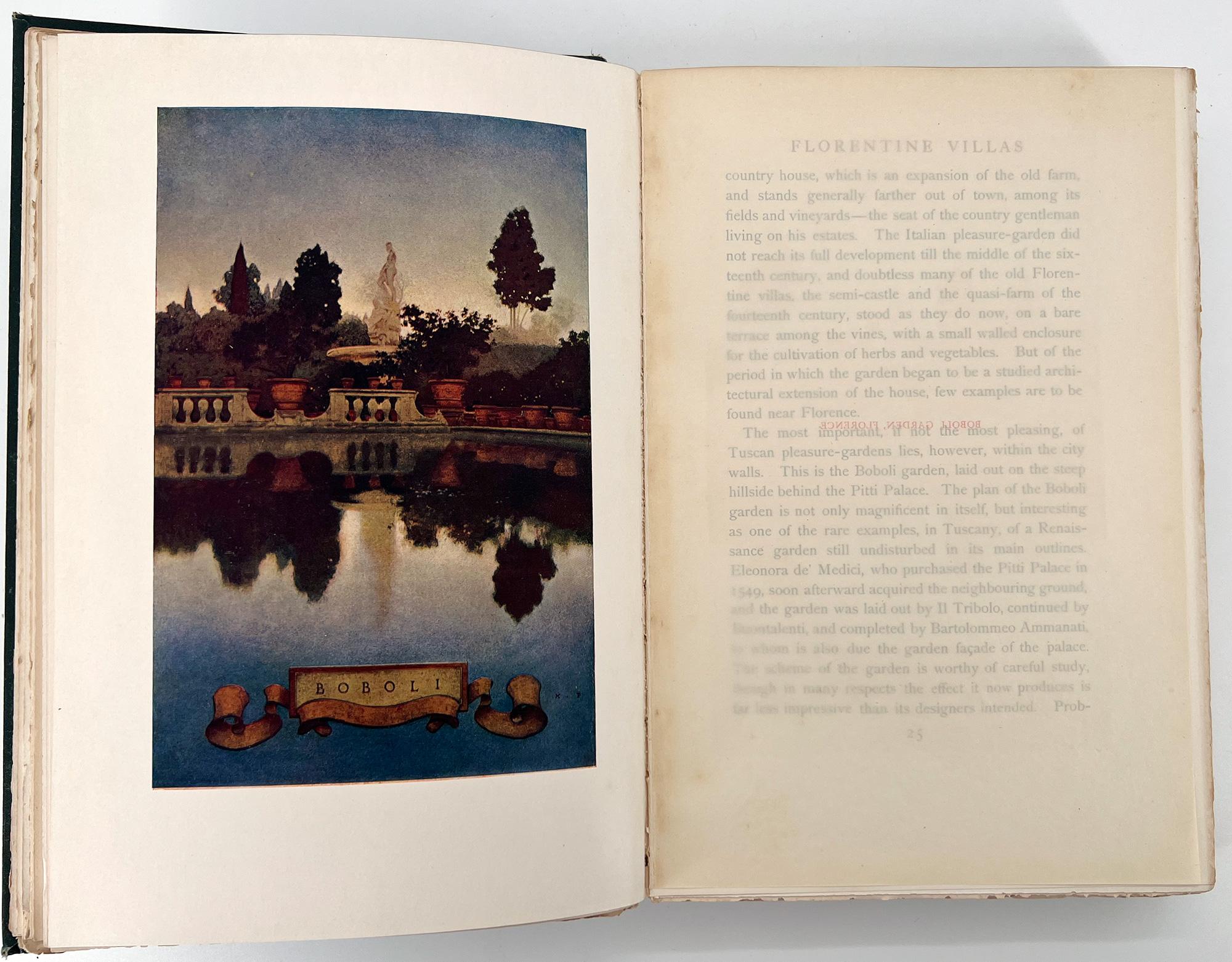 FIRST EDITION of Italian Villas and Their Gardens; Illustrated with Pictures by Maxfield Parrish and by Photographs 
New York: The Century Co., 1904. 
8vo.; 10 1/2 x 7 1/8267 x 180 mm); xii, 270 pp.; half title, color frontispiece of Villa Campi,