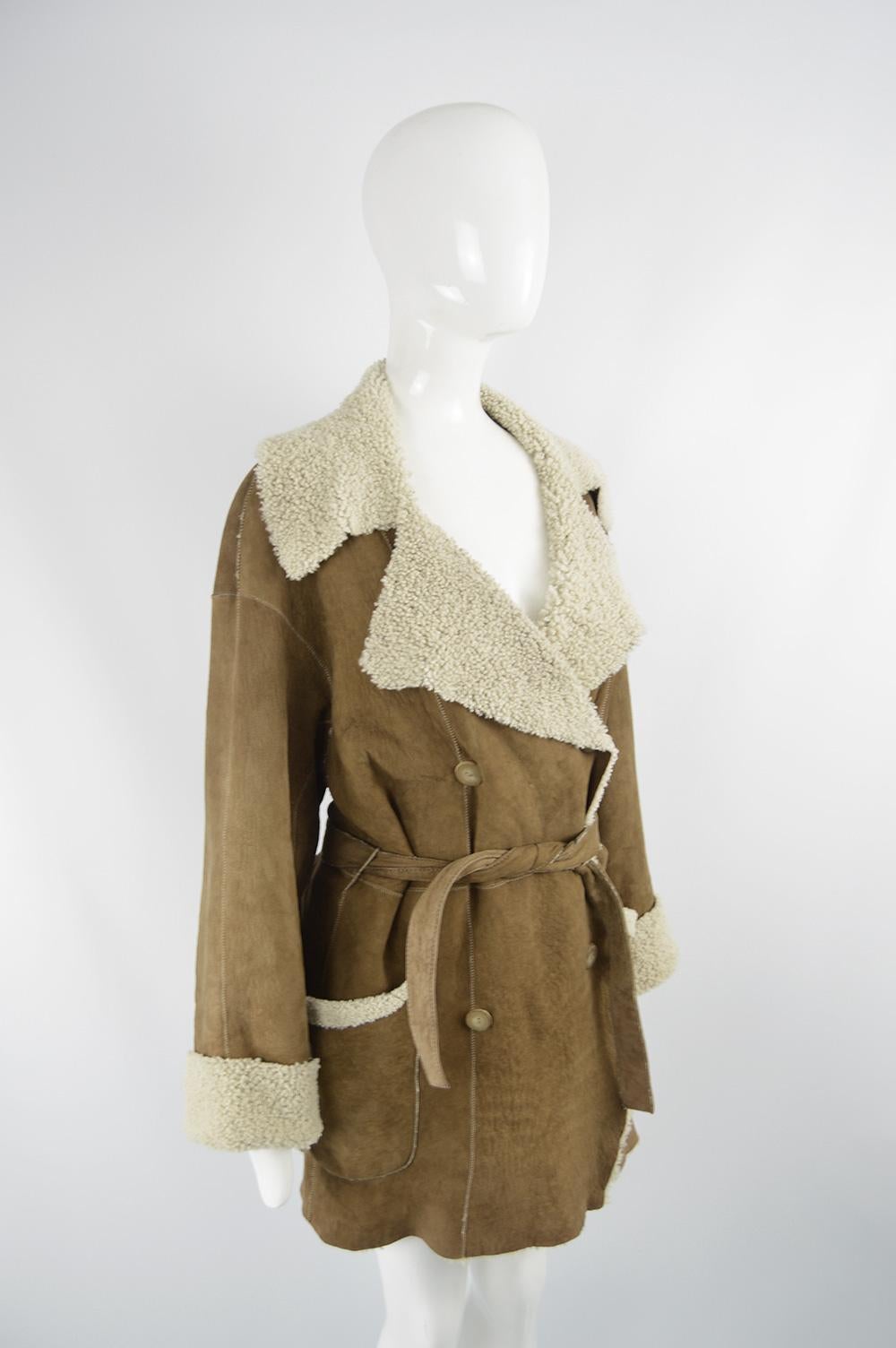 Brown Maxfield Parrish Vintage Tan Lightweight Sheepskin & Wool Shearling Coat, 1990s