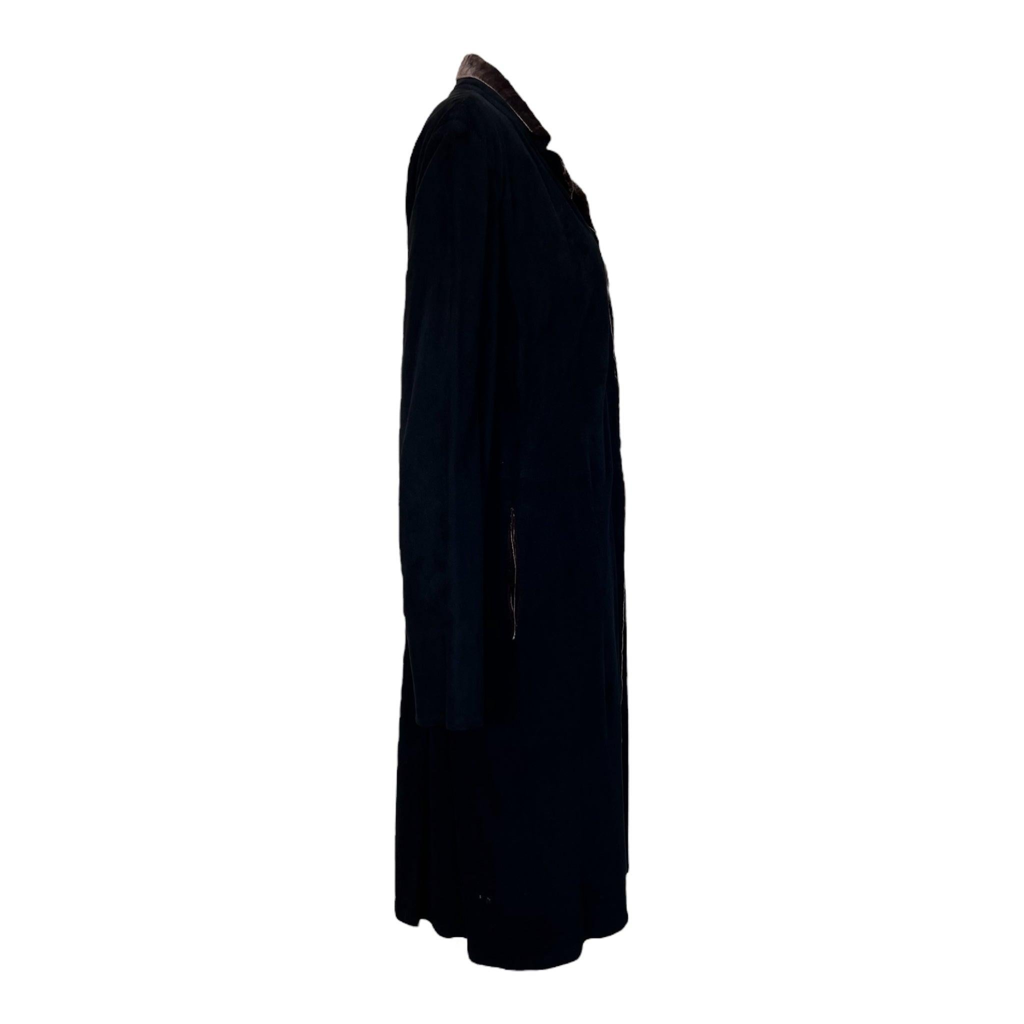 Maxfield Parrish black suede longline opera coat. Brown crushed velvet lining peaks through at the collar and lapels. Slinky, full length silhouette. Circa 2000's. Excellent, unworn condition.

Additional information:
Dimensions:
Labeled a Large,